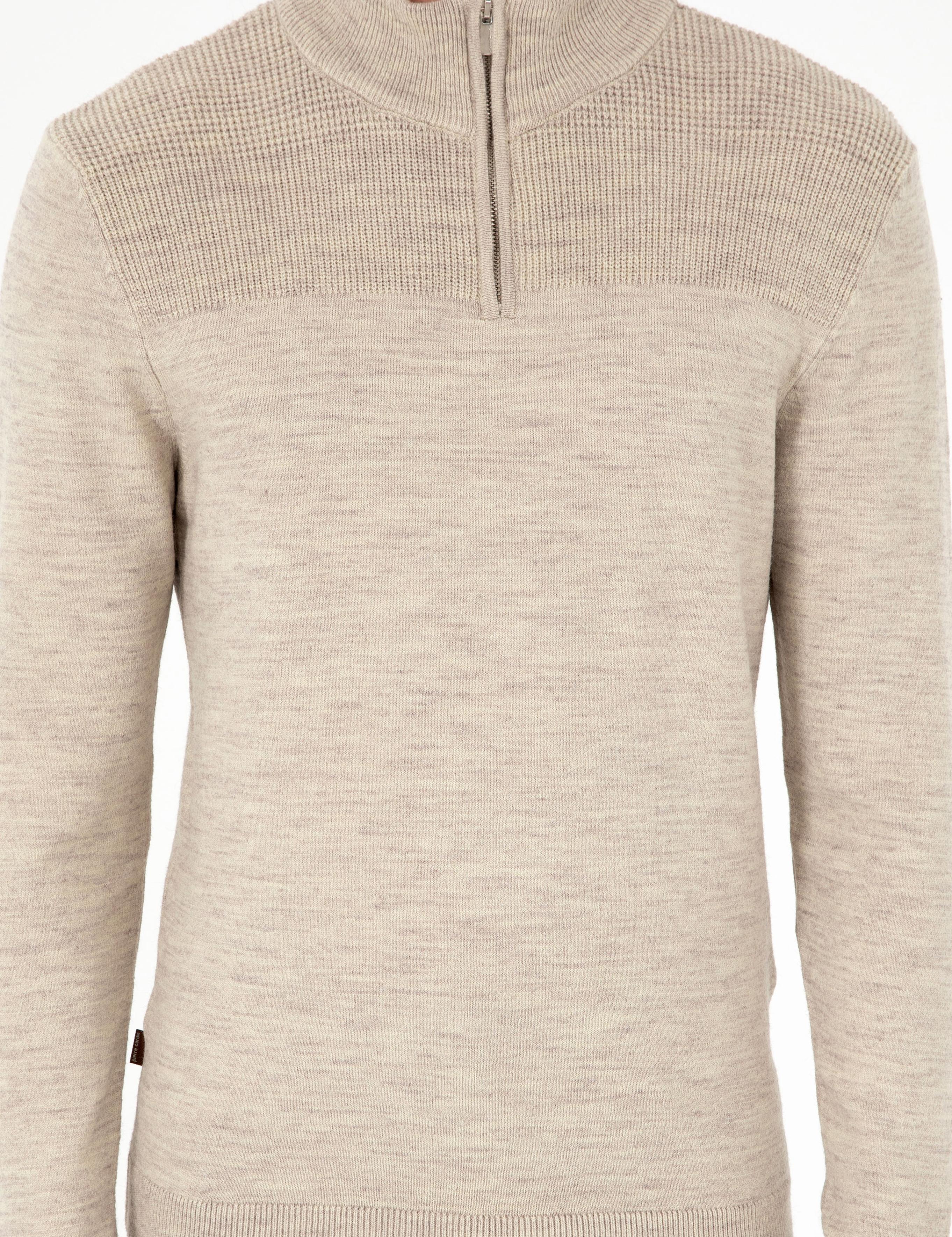 Kum Melanj Slim Fit Fermuarlı Dik Yaka Triko Kazak