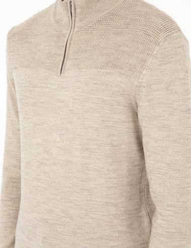 Kum Melanj Slim Fit Fermuarlı Dik Yaka Triko Kazak