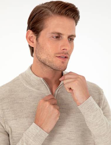 Kum Melanj Slim Fit Fermuarlı Dik Yaka Triko Kazak