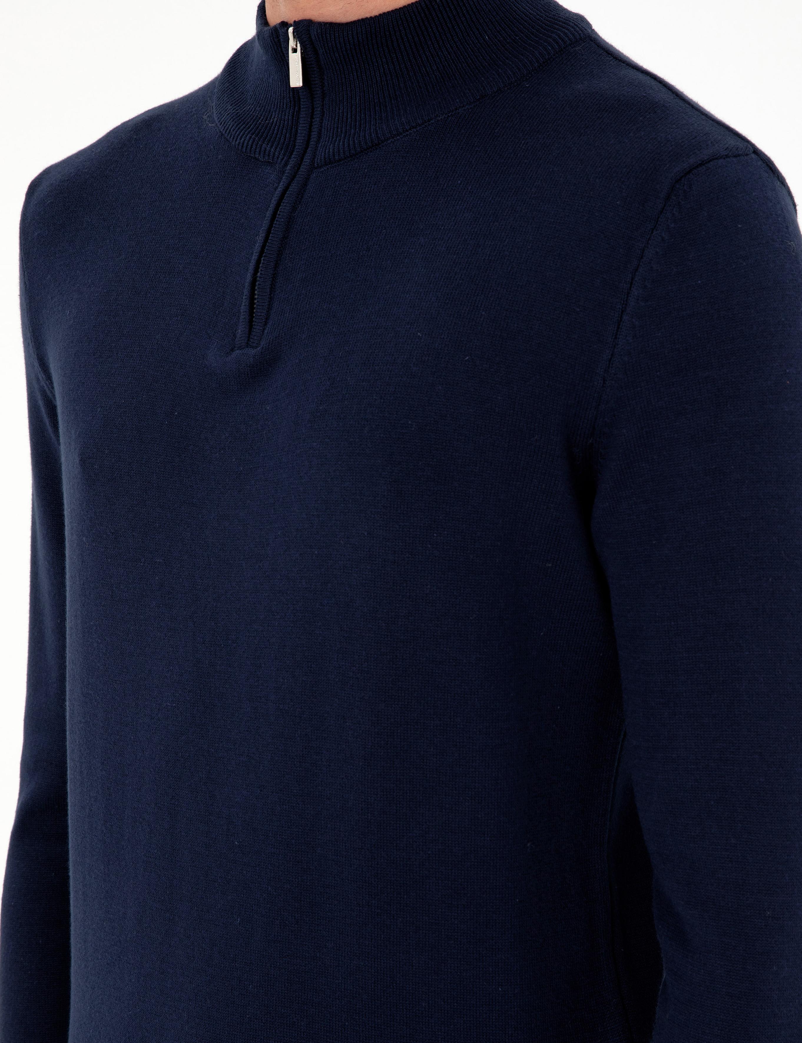 Lacivert Slim Fit Fermuarlı Dik Yaka Triko Kazak