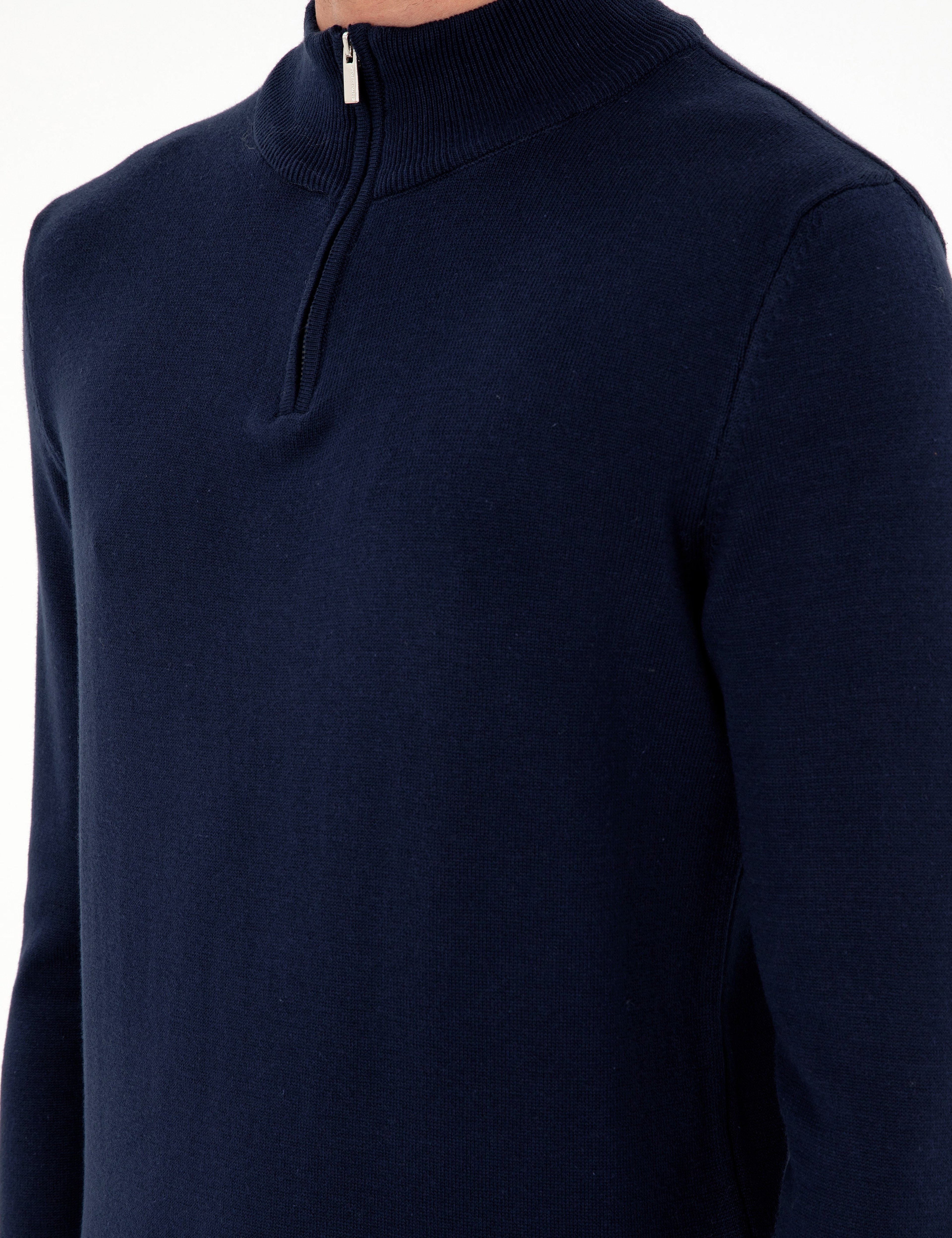 Lacivert Slim Fit Fermuarlı Dik Yaka Triko Kazak