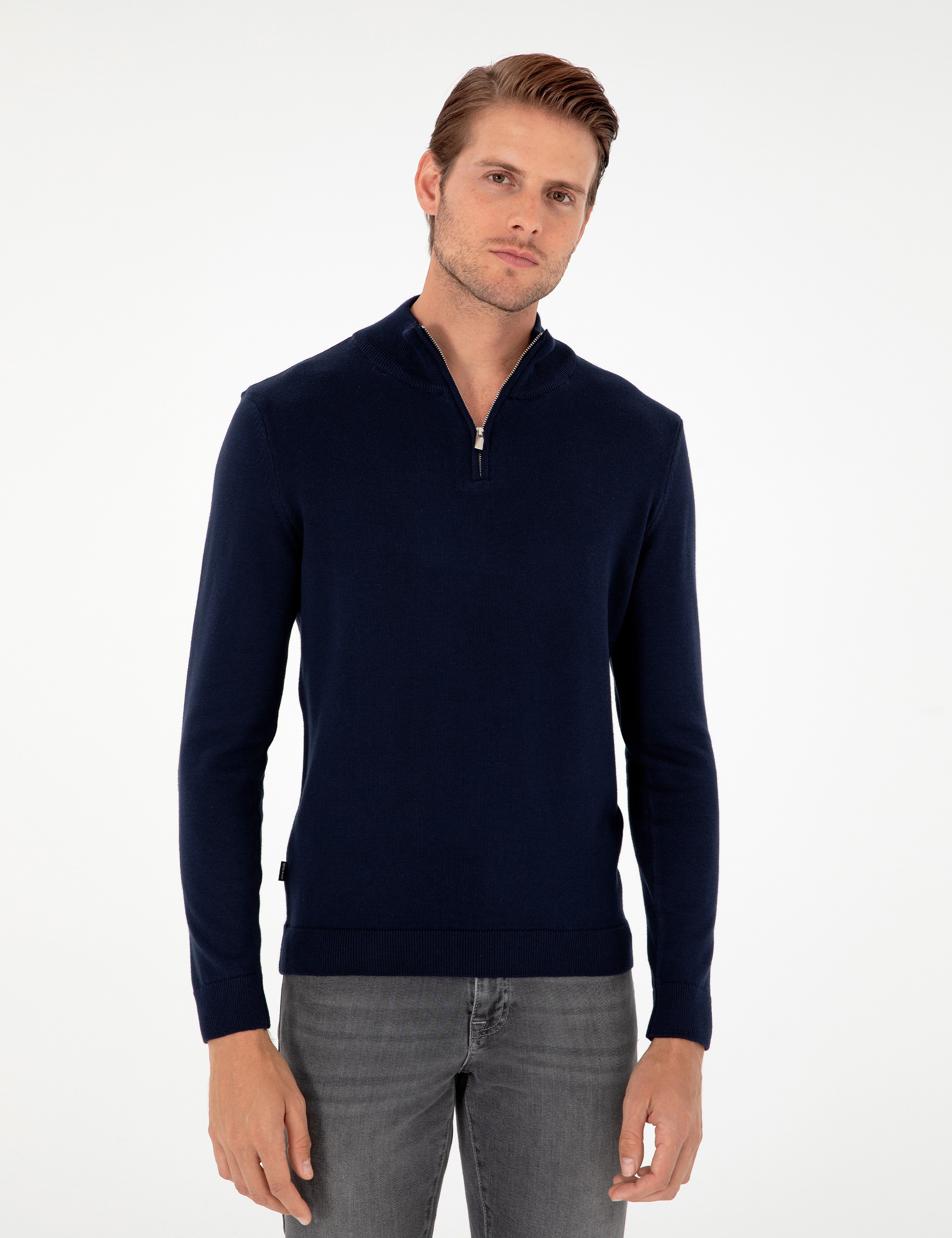 Lacivert Slim Fit Fermuarlı Dik Yaka Triko Kazak