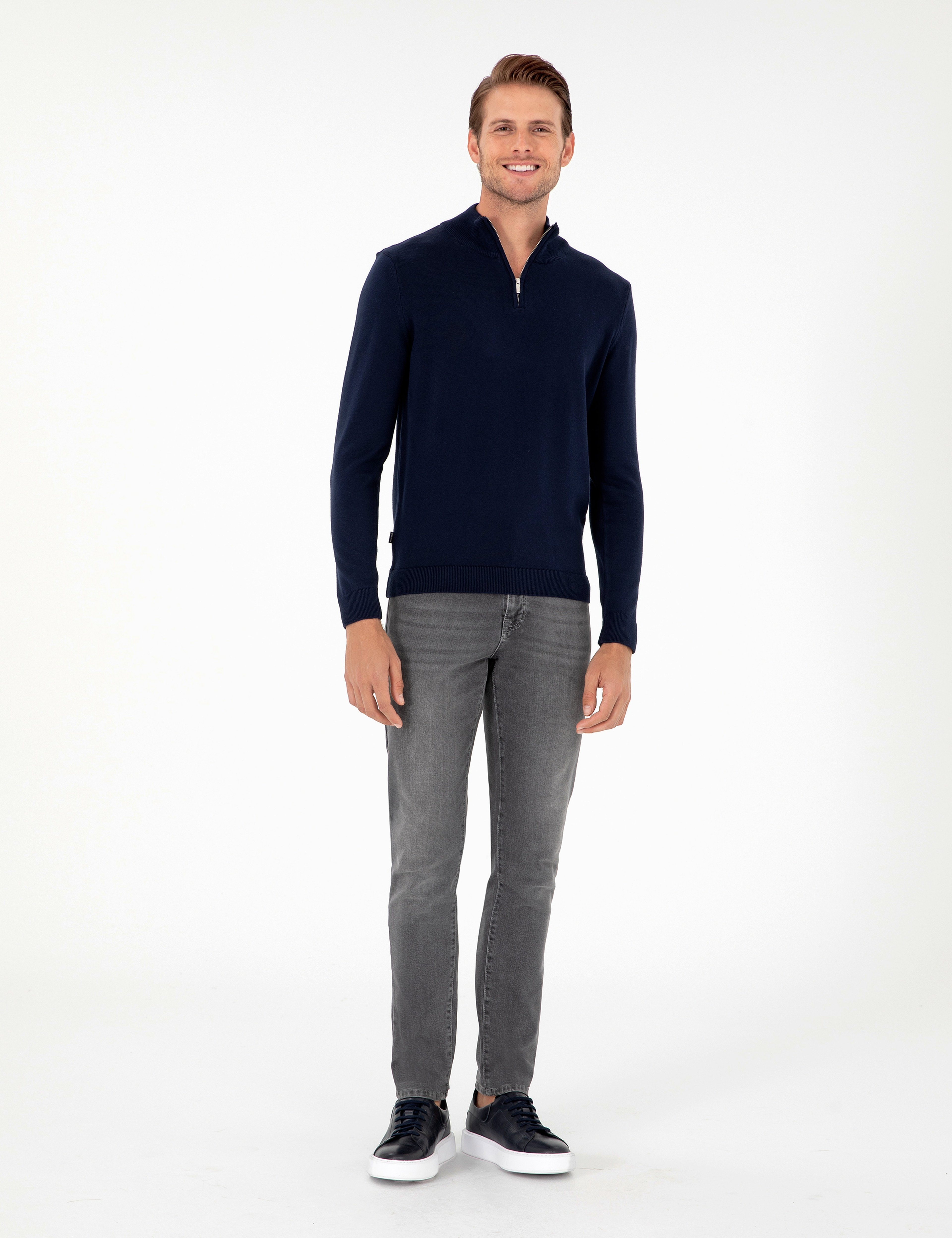 Lacivert Slim Fit Fermuarlı Dik Yaka Triko Kazak - Image 4