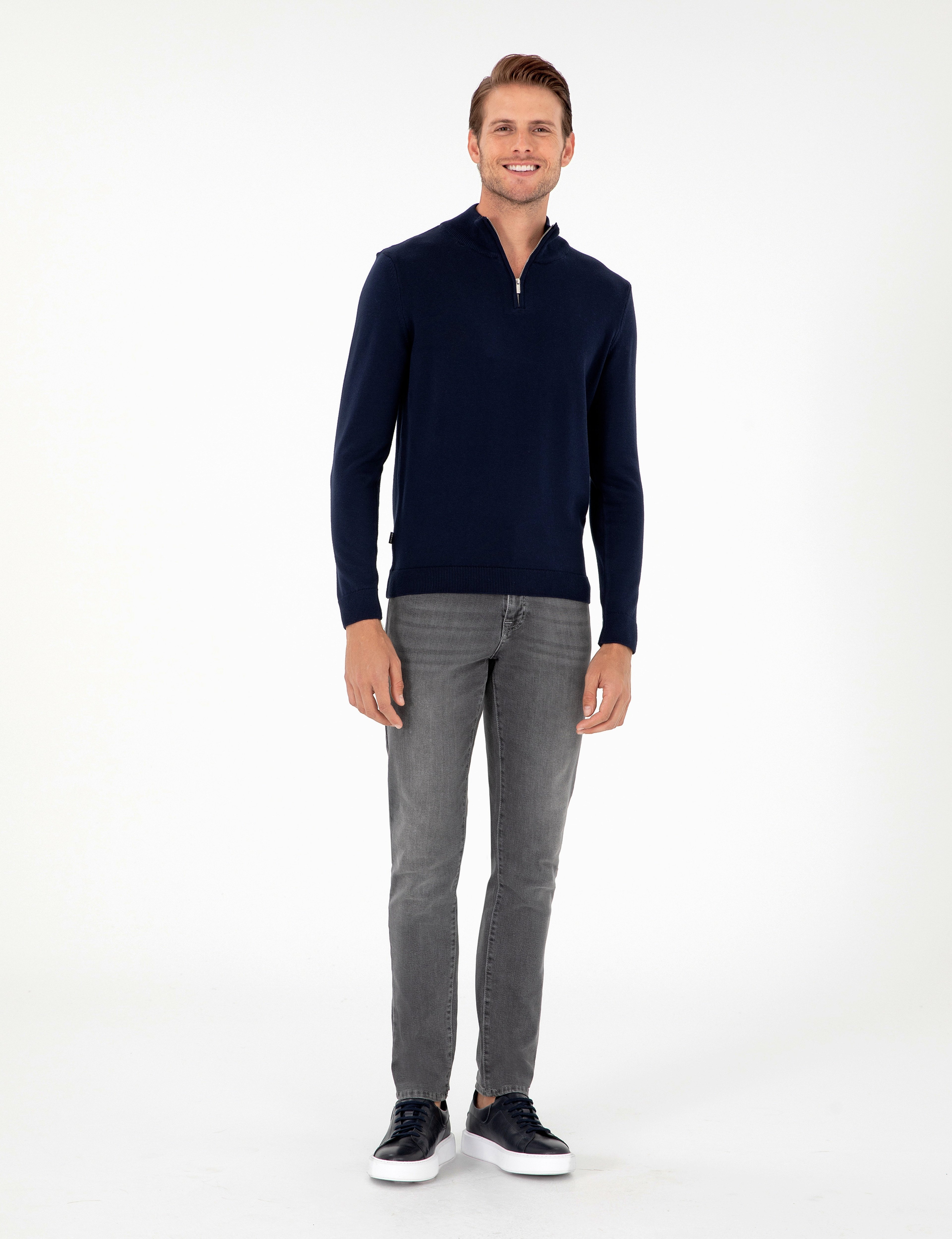 Lacivert Slim Fit Fermuarlı Dik Yaka Triko Kazak