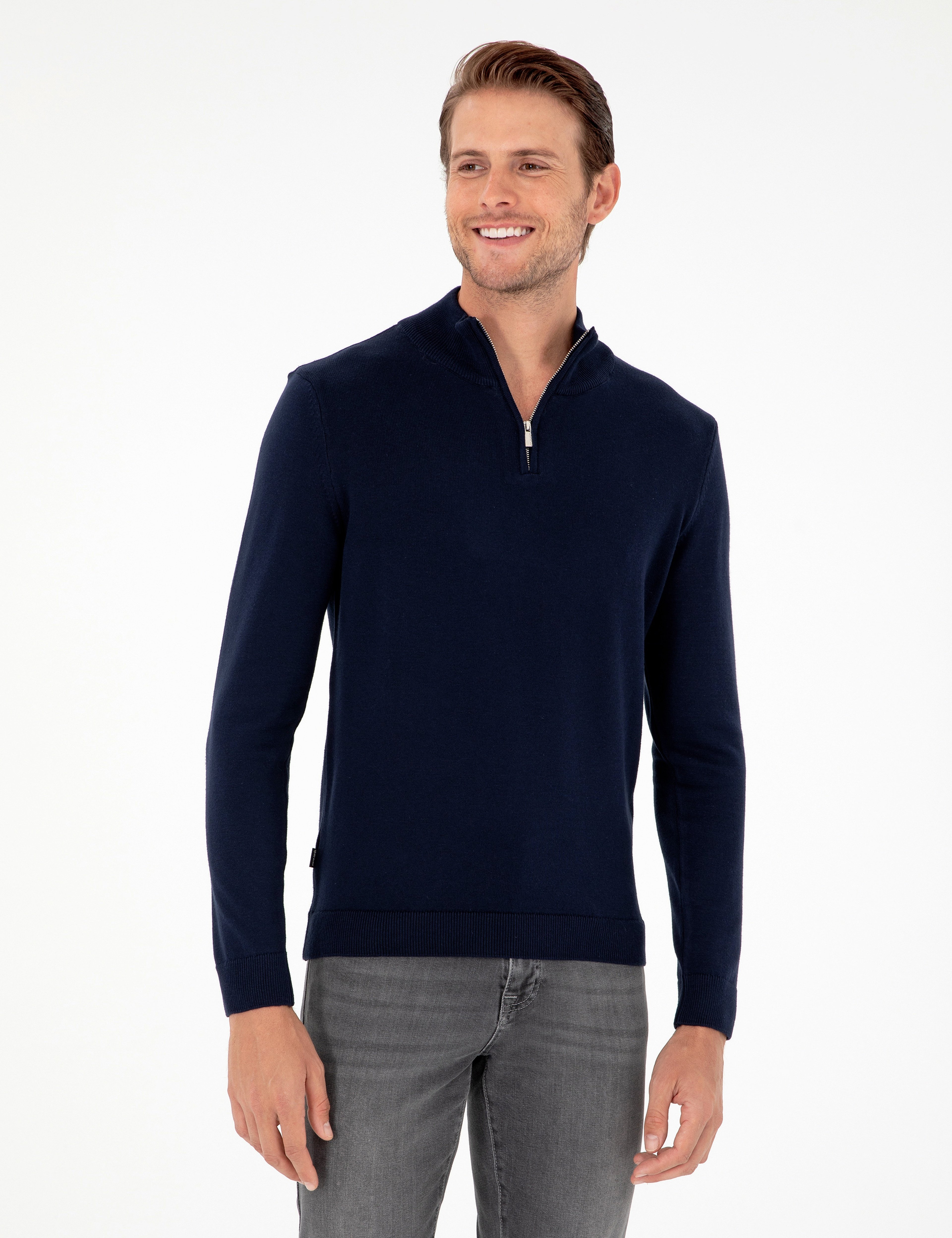 Lacivert Slim Fit Fermuarlı Dik Yaka Triko Kazak - Image 1