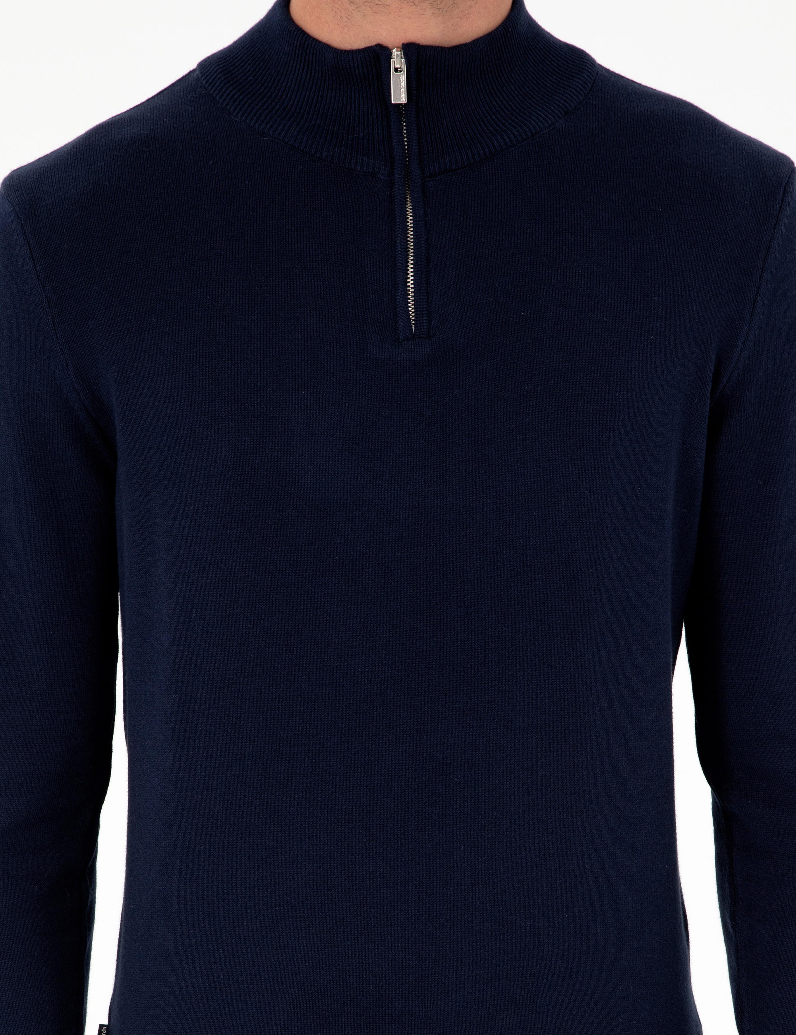 Lacivert Slim Fit Fermuarlı Dik Yaka Triko Kazak