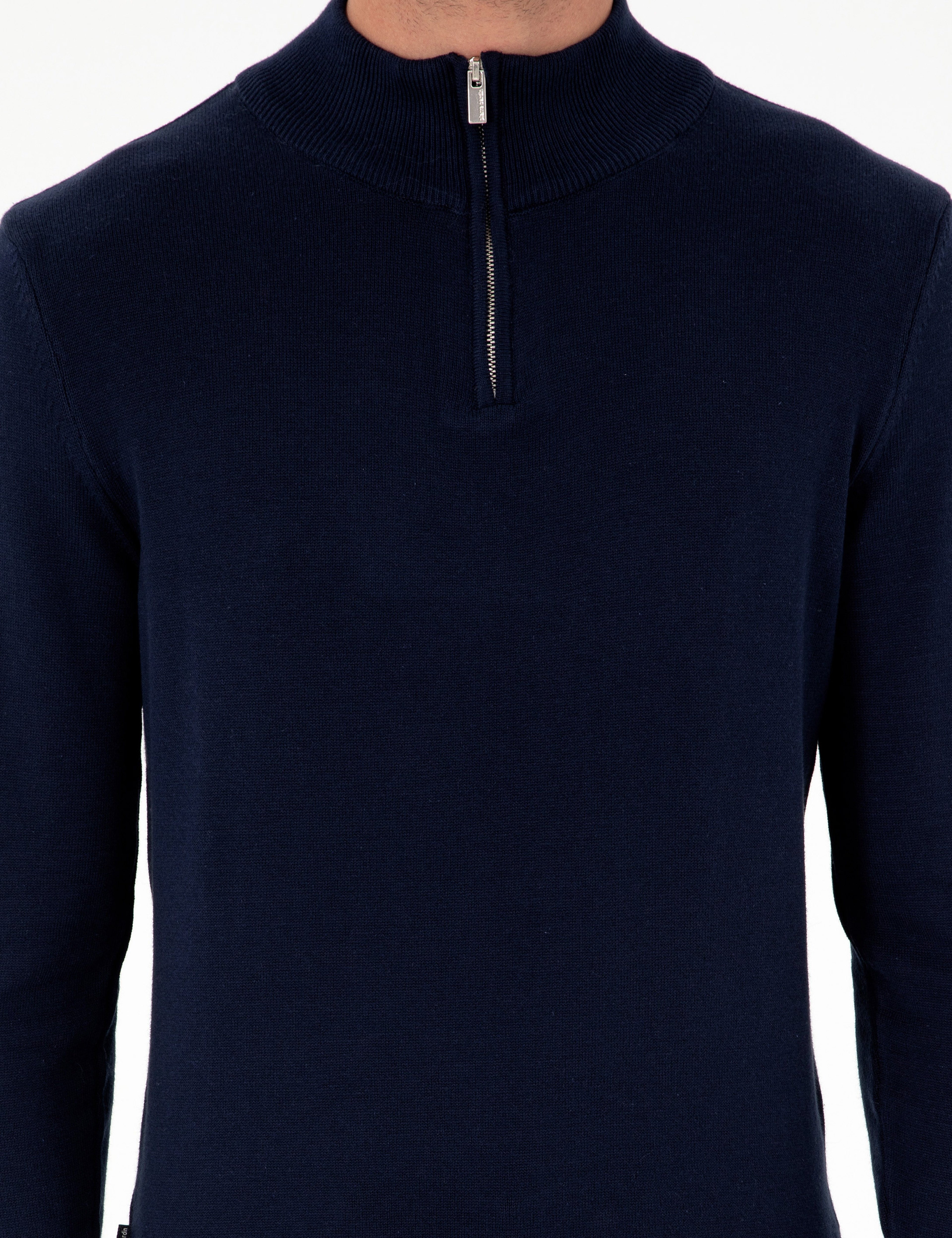 Lacivert Slim Fit Fermuarlı Dik Yaka Triko Kazak