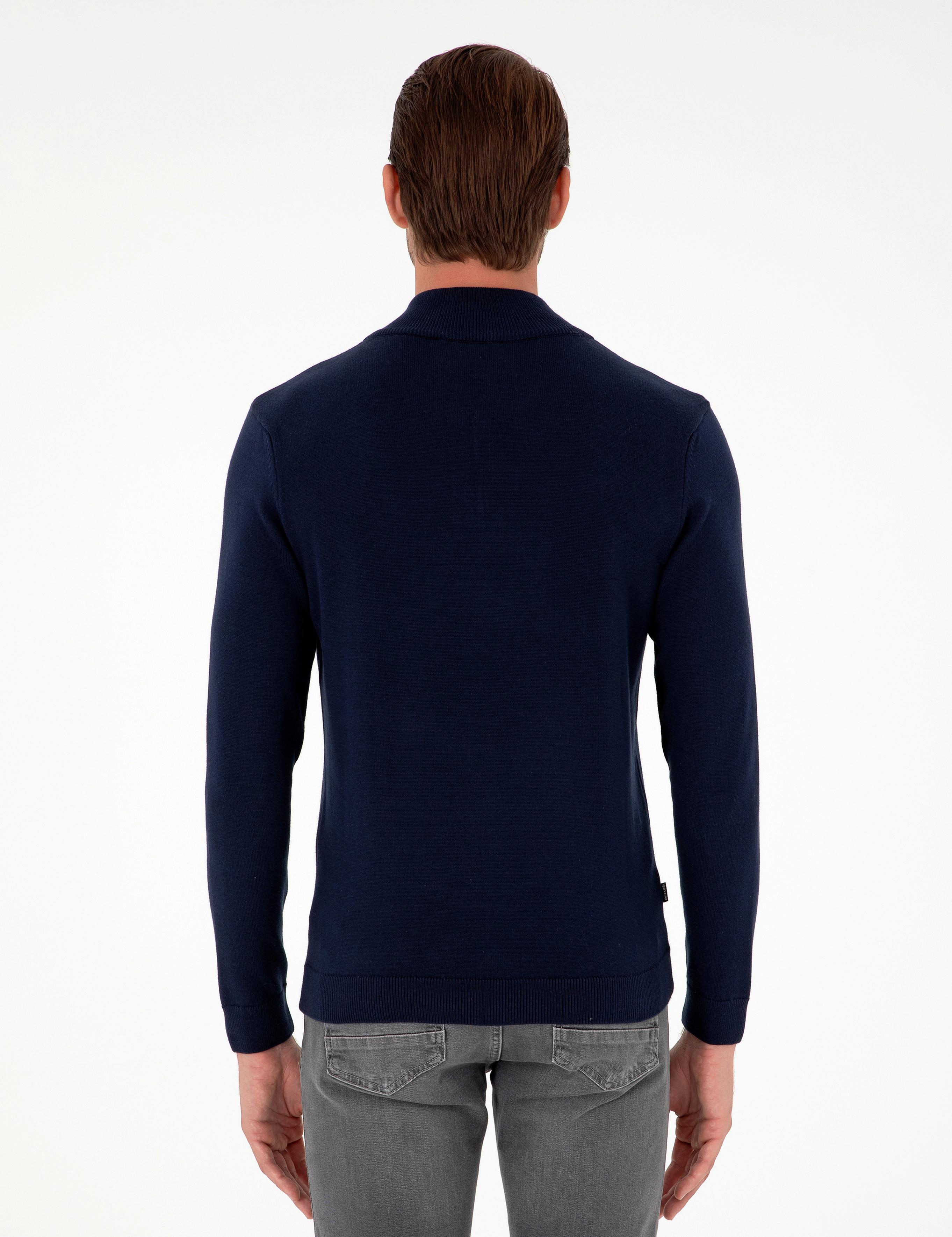 Lacivert Slim Fit Fermuarlı Dik Yaka Triko Kazak