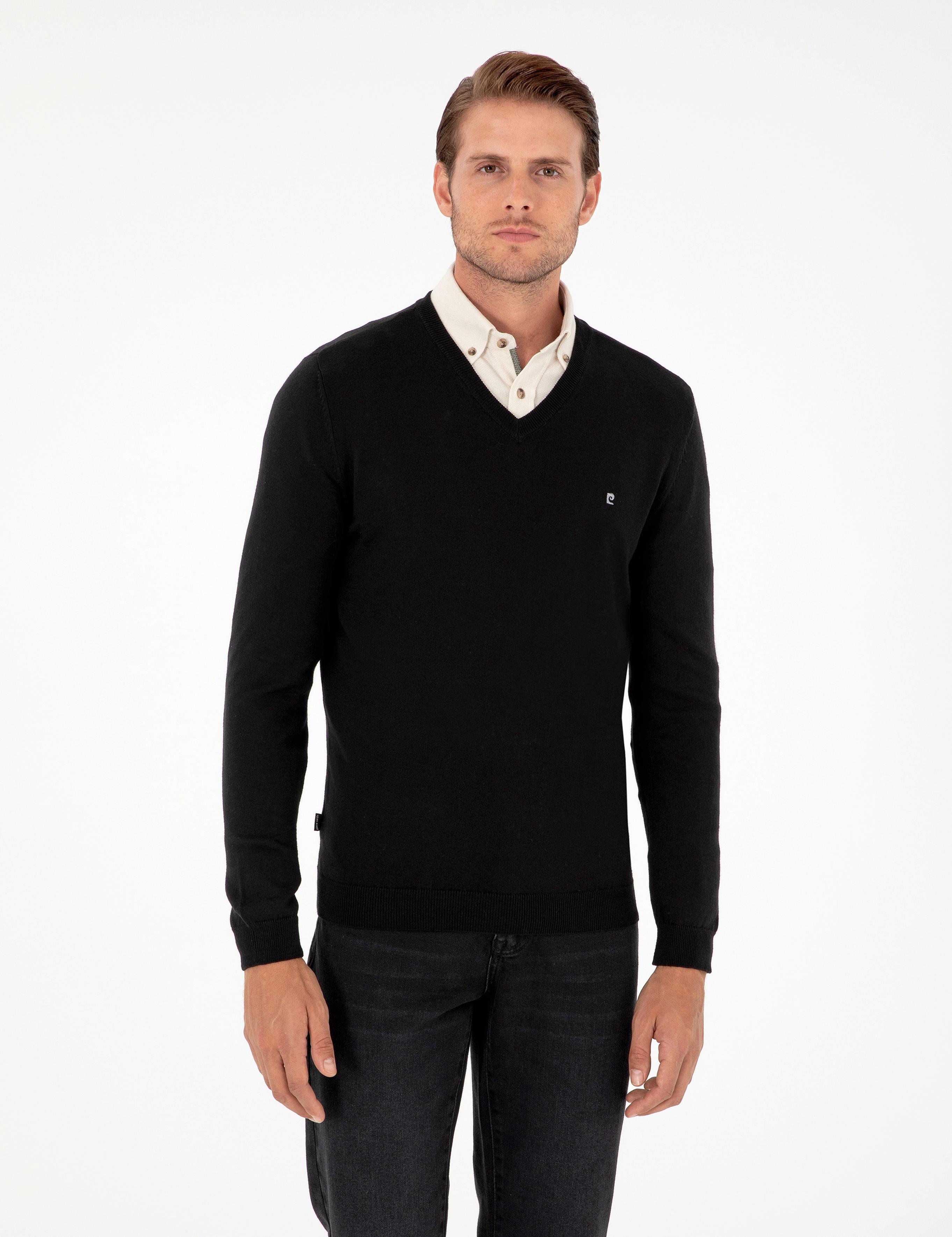 Siyah Slim Fit V Yaka Basic Triko Kazak