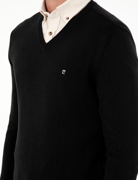 Siyah Slim Fit V Yaka Basic Triko Kazak - 50296622006