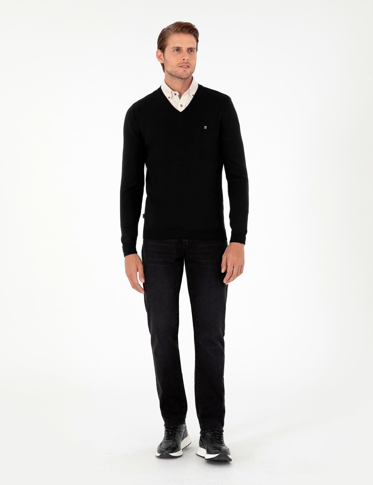 Siyah Slim Fit V Yaka Basic Triko Kazak - 50296622006