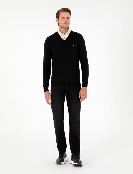 Siyah Slim Fit V Yaka Basic Triko Kazak - 50296622006