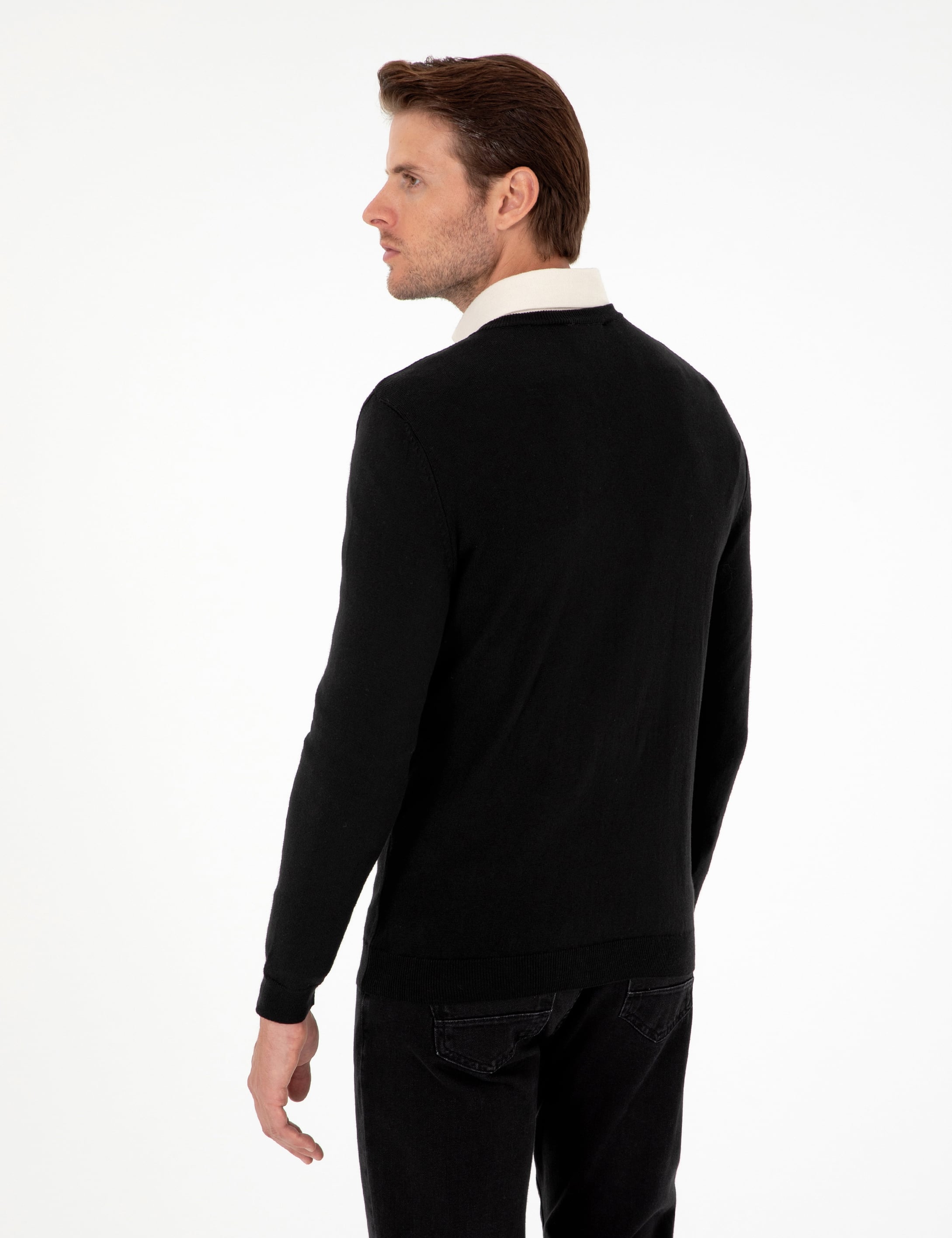 Siyah Slim Fit V Yaka Basic Triko Kazak