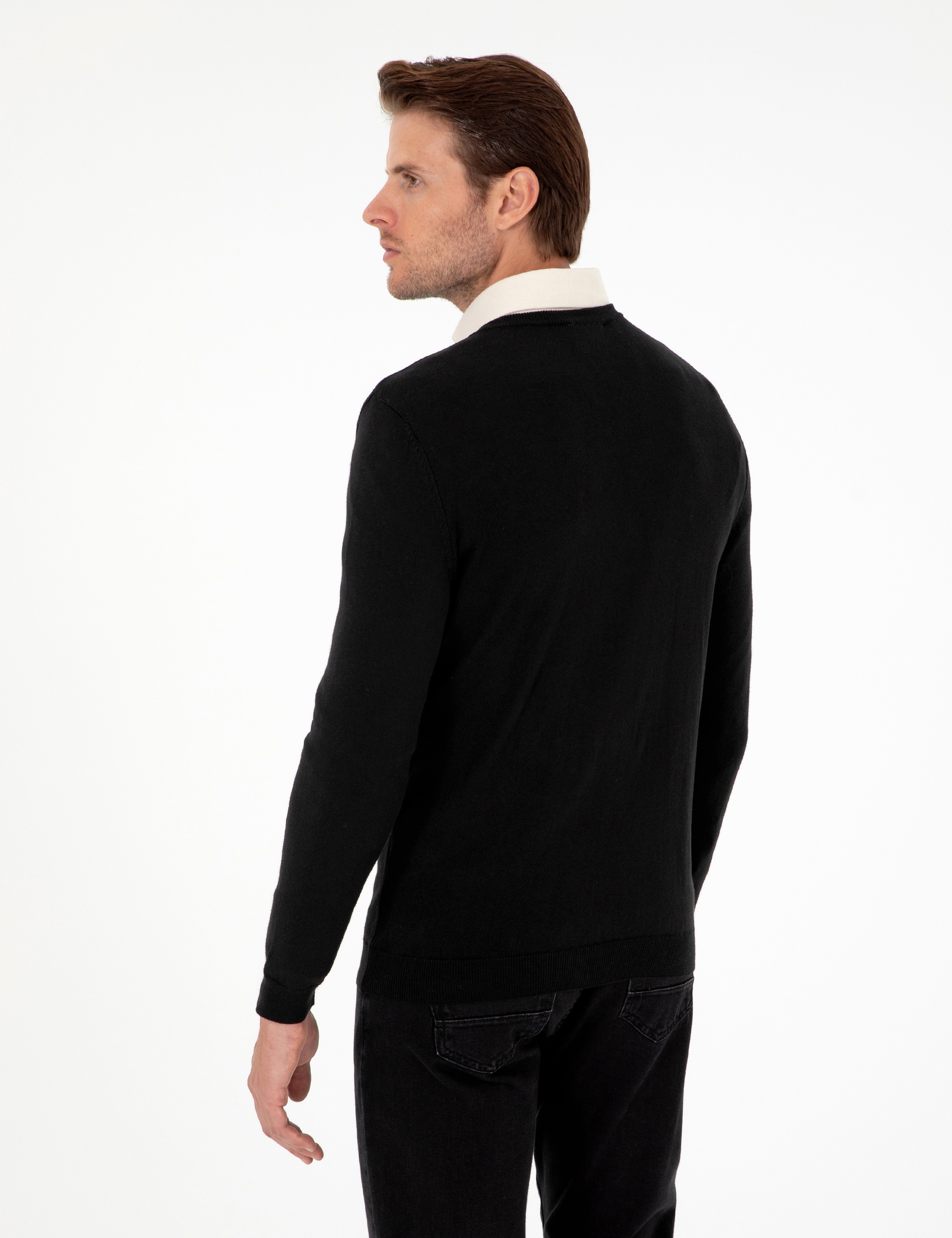 Siyah Slim Fit V Yaka Basic Triko Kazak