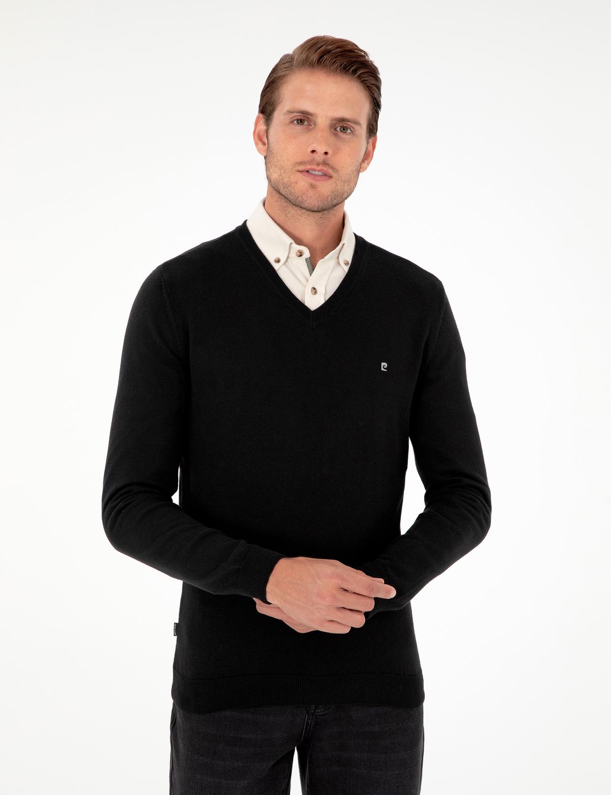 Siyah Slim Fit V Yaka Basic Triko Kazak - 50296622006