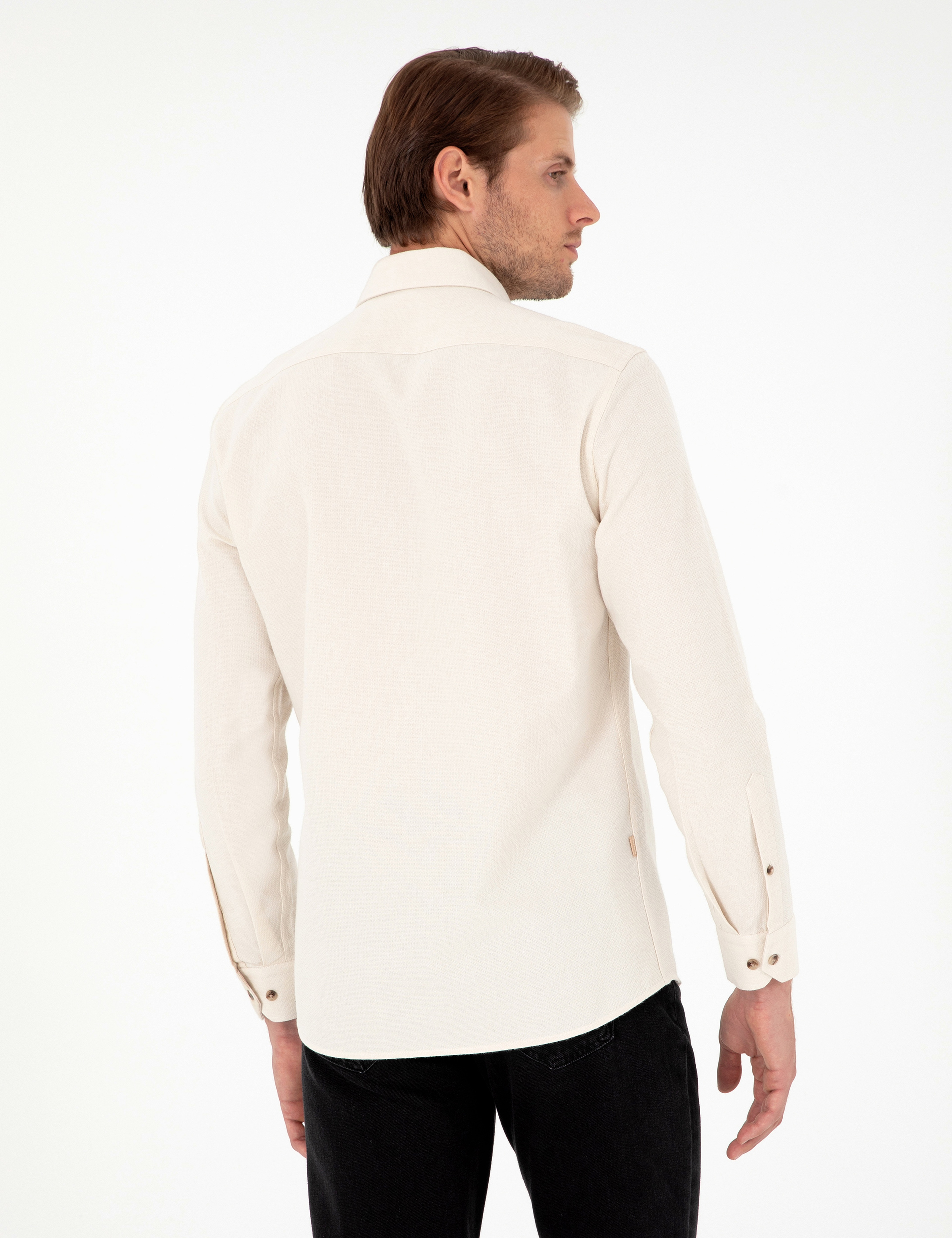 Bej Slim Fit Uzun Kollu Gömlek - Image 5
