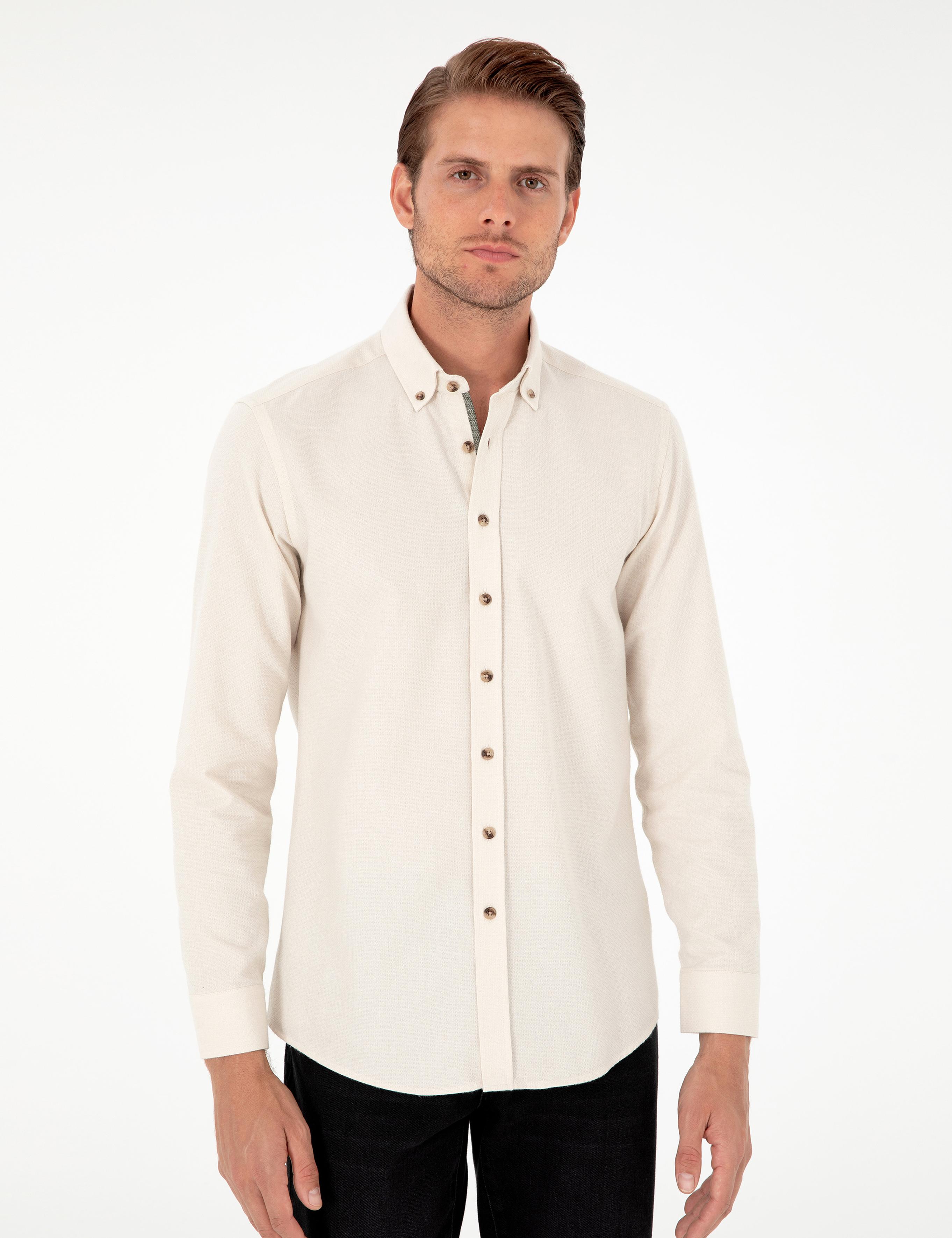 Bej Slim Fit Uzun Kollu Gömlek