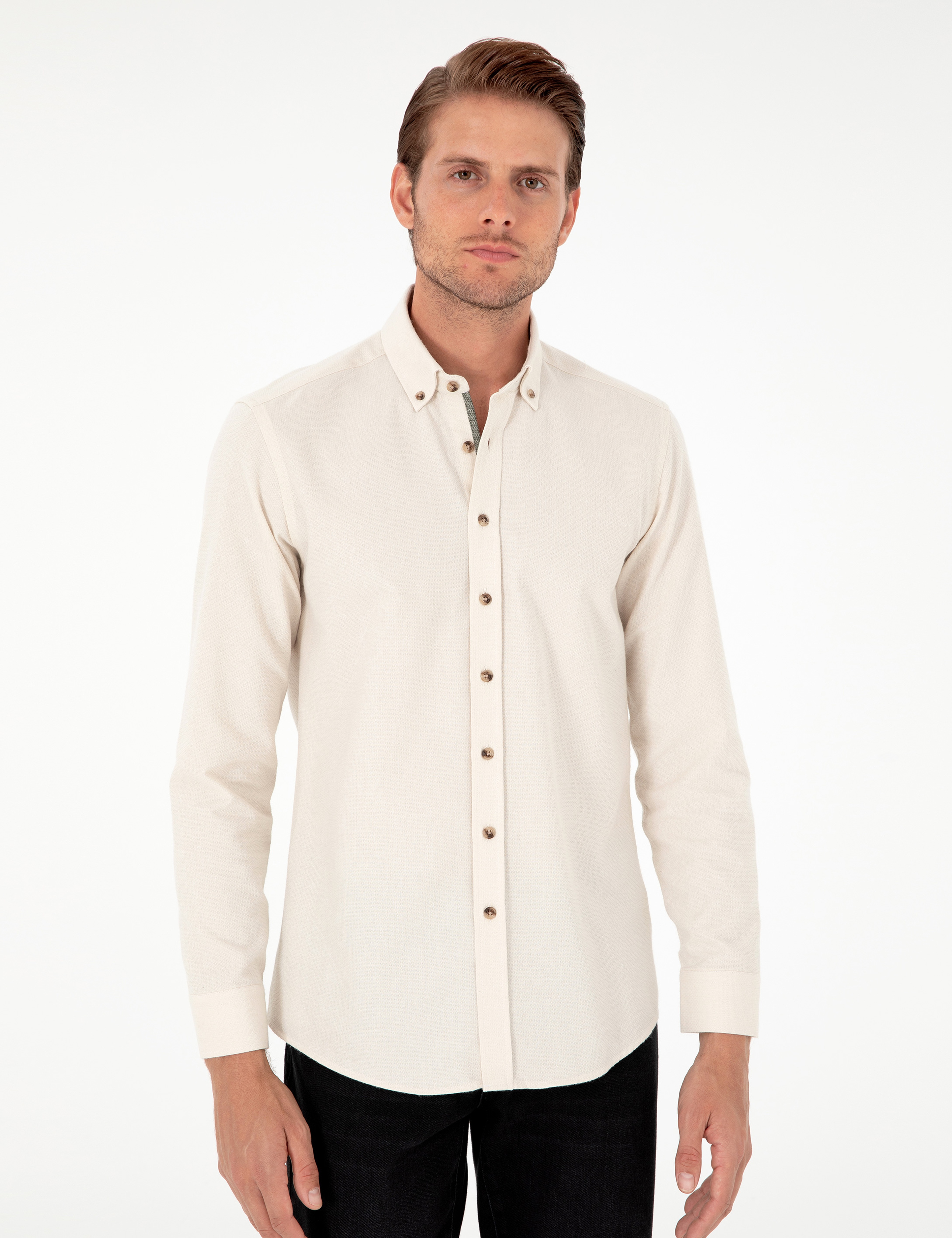 Bej Slim Fit Uzun Kollu Gömlek - Image 3