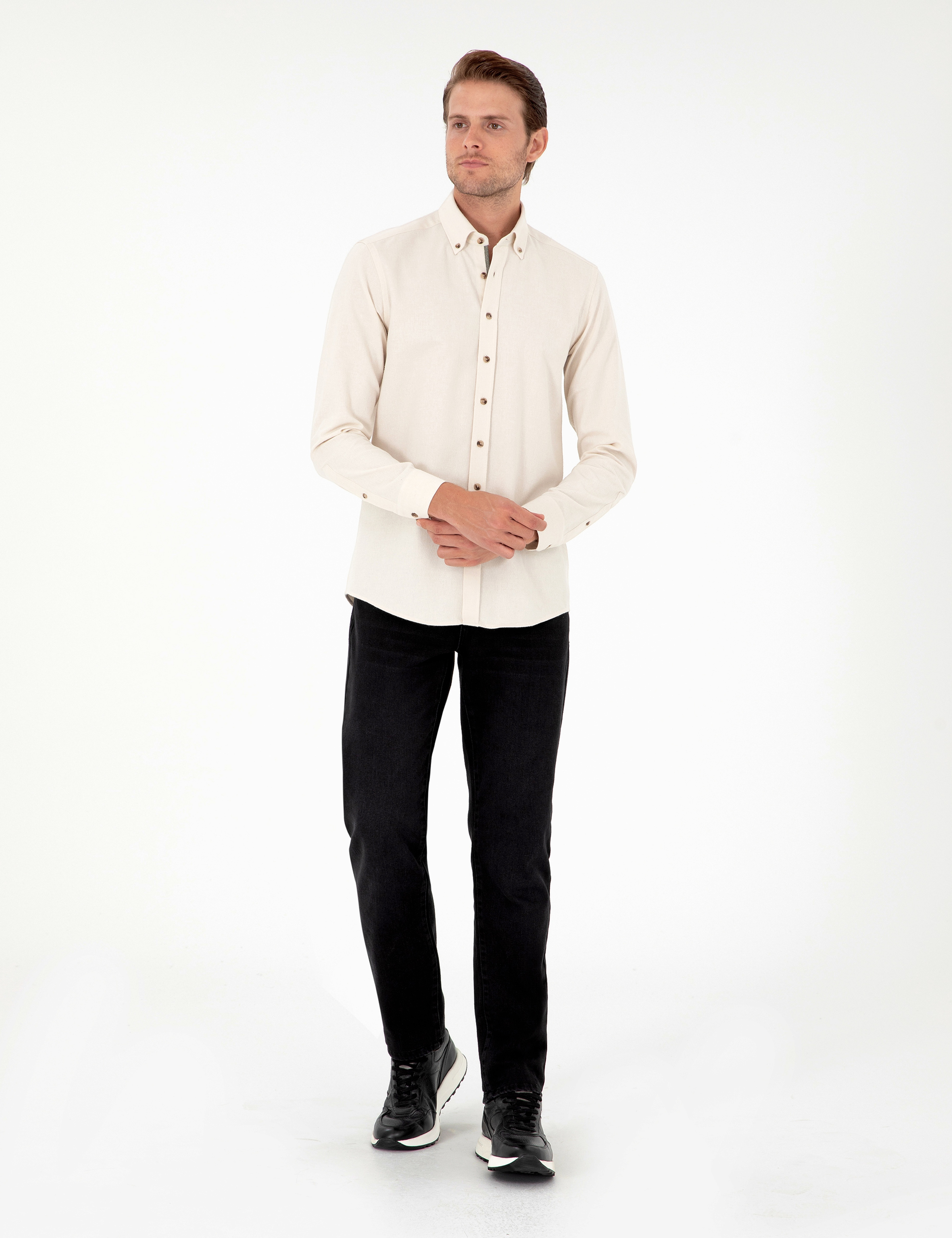 Bej Slim Fit Uzun Kollu Gömlek - Image 4