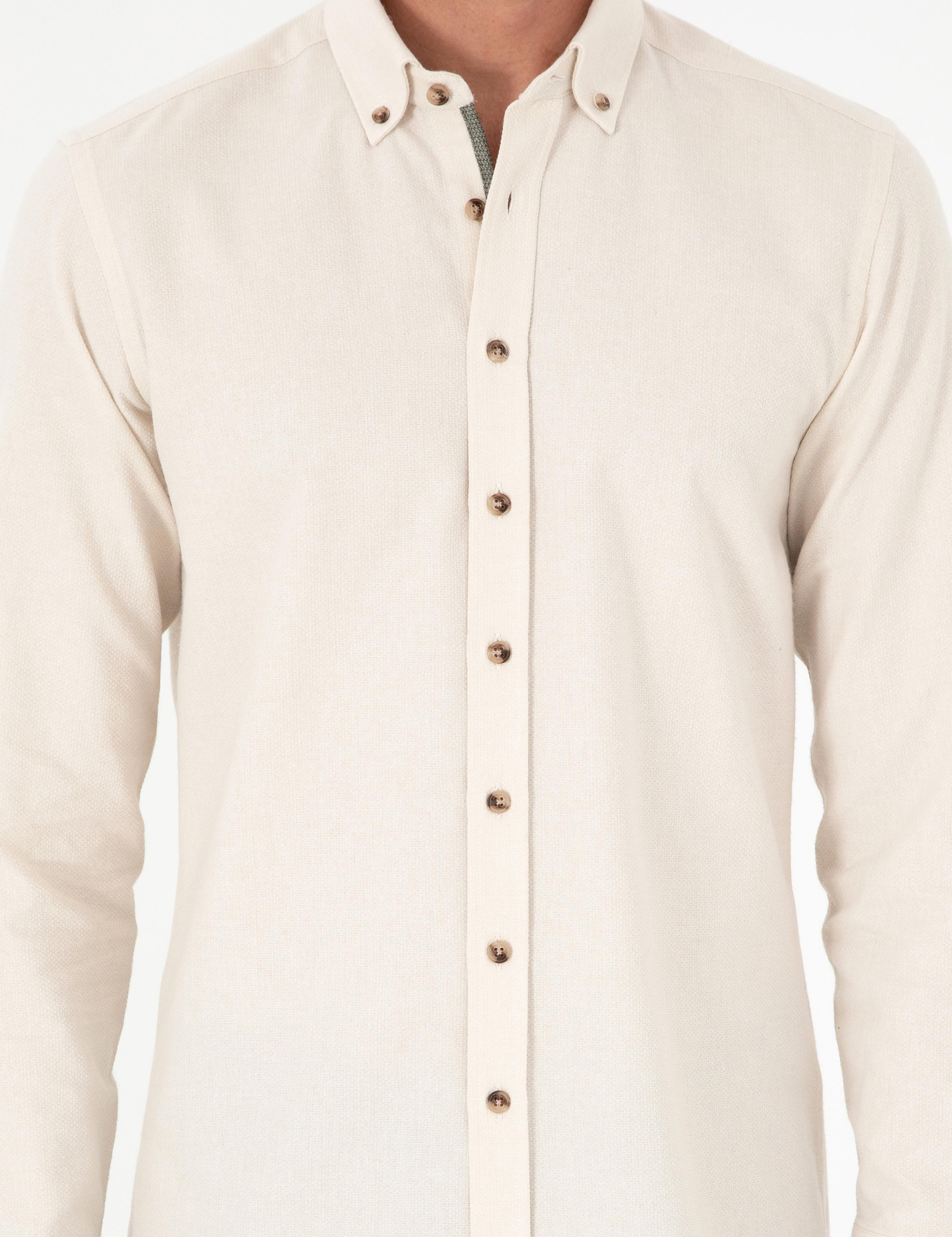 Bej Slim Fit Uzun Kollu Gömlek