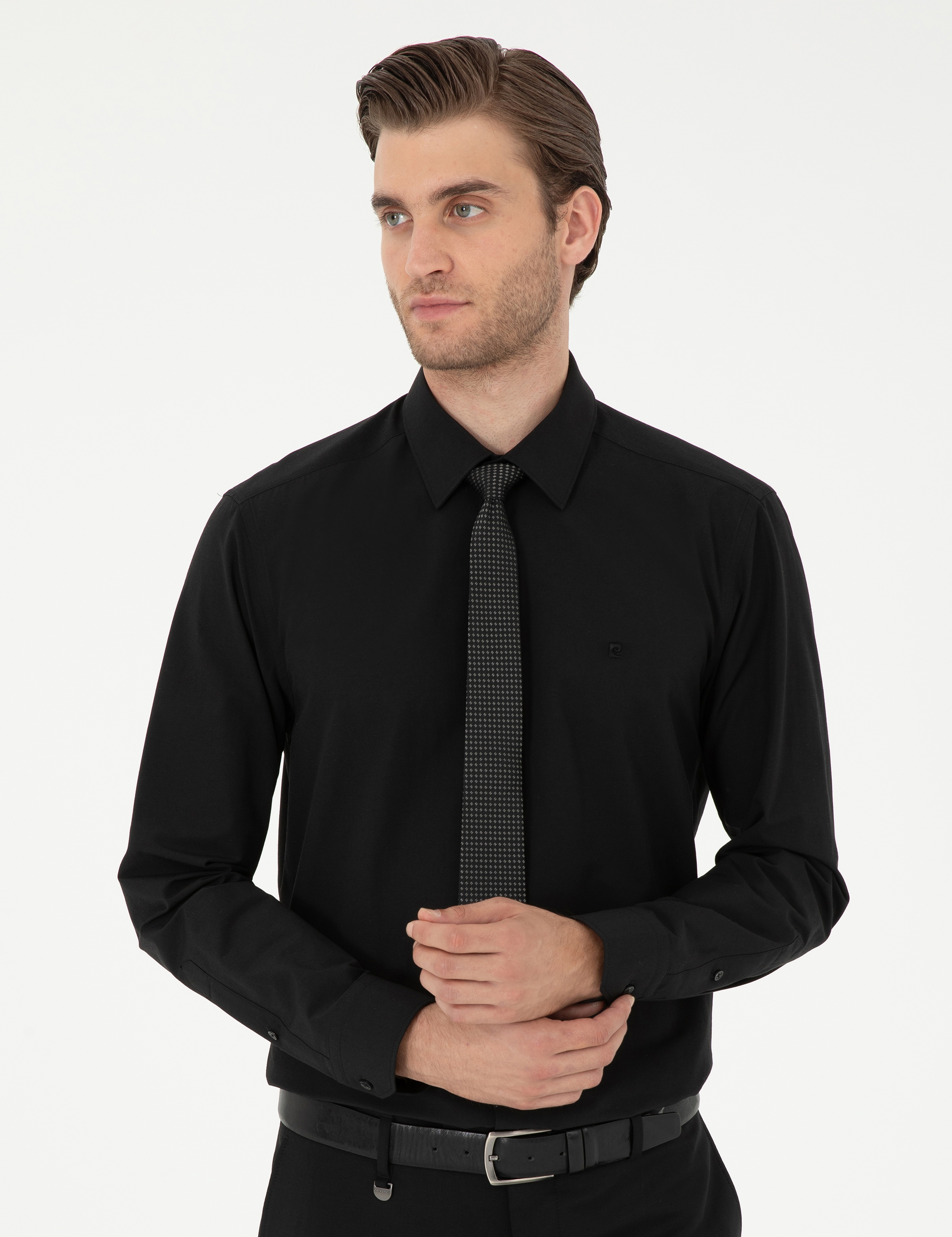 Siyah Slim Fit Uzun Kollu Basic Gömlek - Image 1