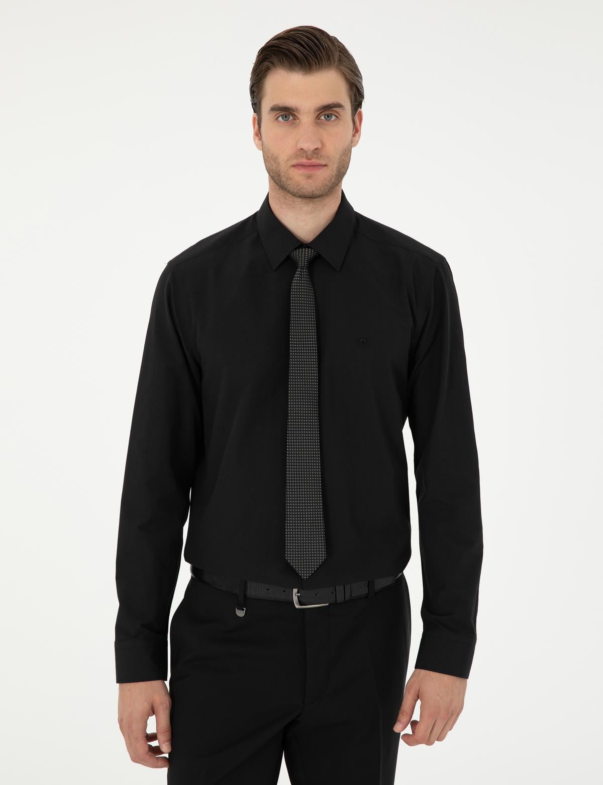 Siyah Slim Fit Uzun Kollu Basic Gömlek - 50297903025