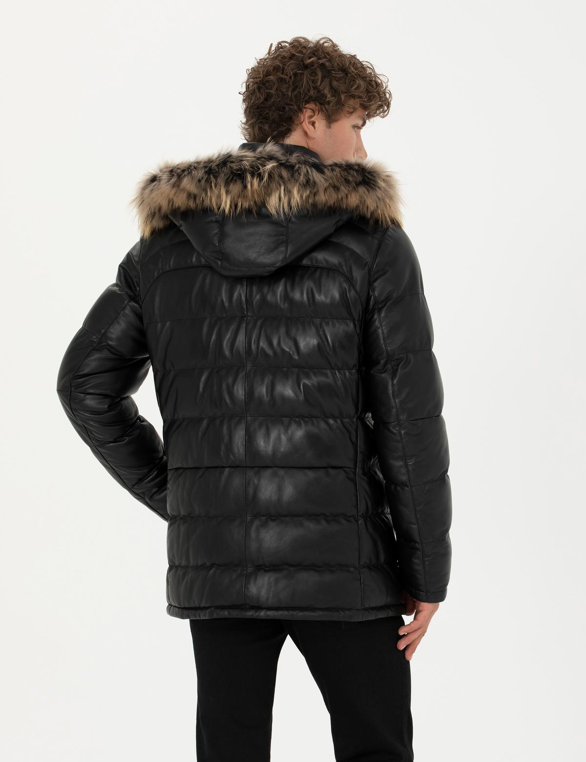 Siyah Kapüşonlu %100 Deri Mont - 50284248001