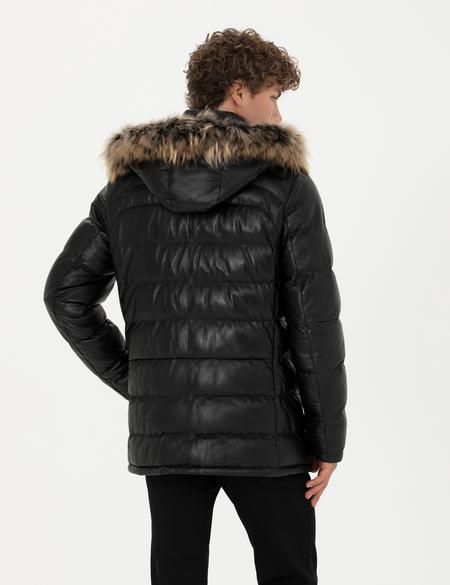 Siyah Kapüşonlu %100 Deri Mont - 50284248001