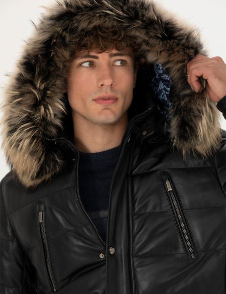 Siyah Kapüşonlu %100 Deri Mont - 50284248001