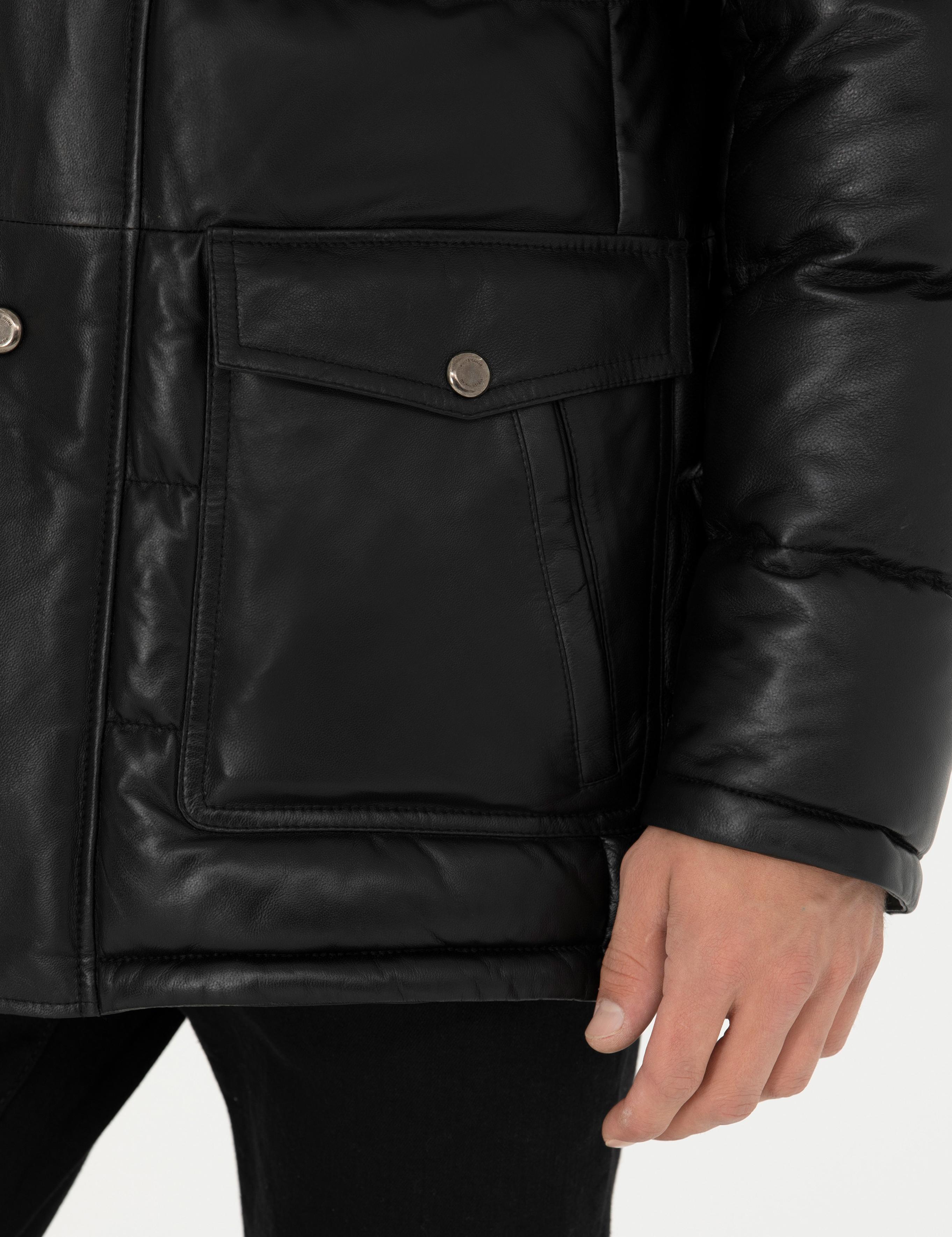 Siyah Kapüşonlu %100 Deri Mont