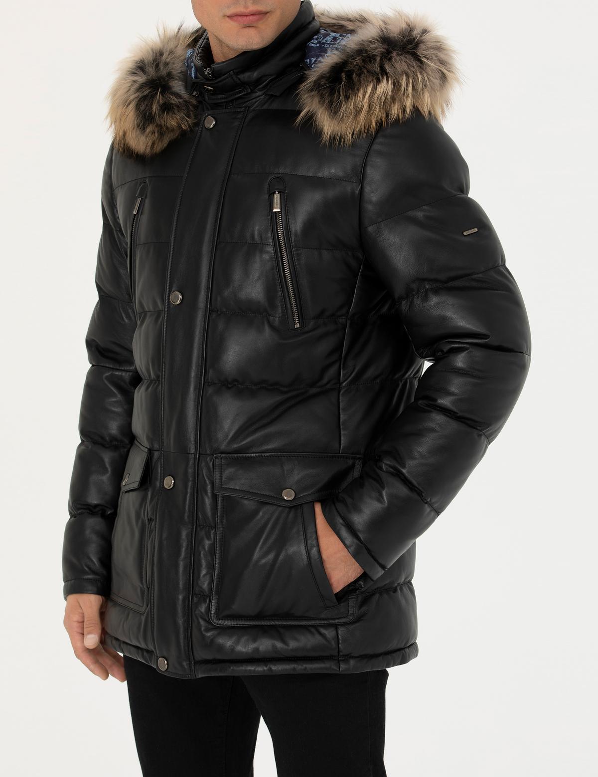 Siyah Kapüşonlu %100 Deri Mont - 50284248001