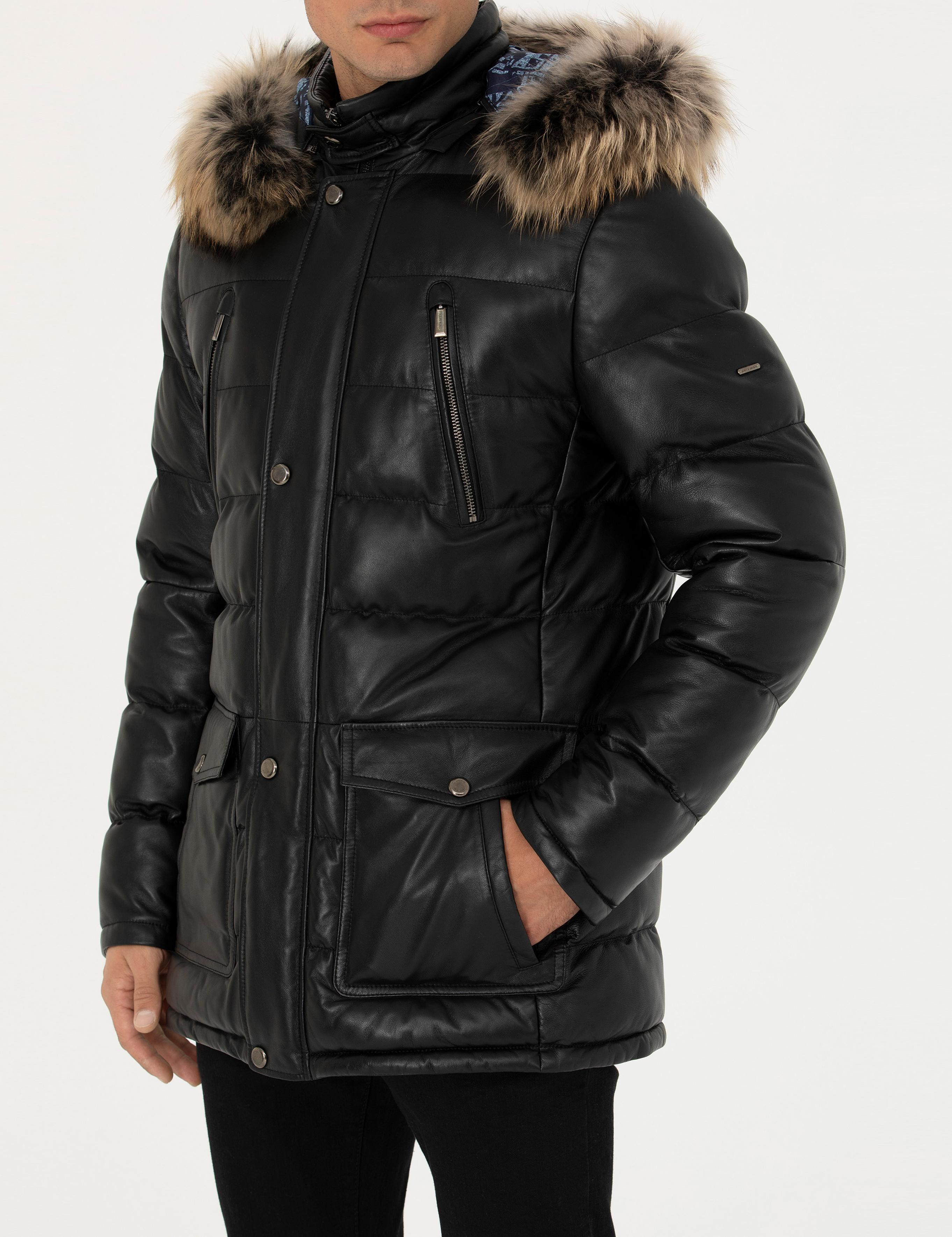 Siyah Kapüşonlu %100 Deri Mont