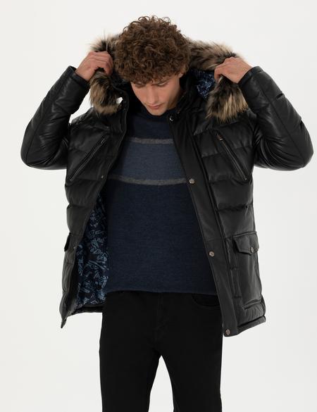 Siyah Kapüşonlu %100 Deri Mont - 50284248001