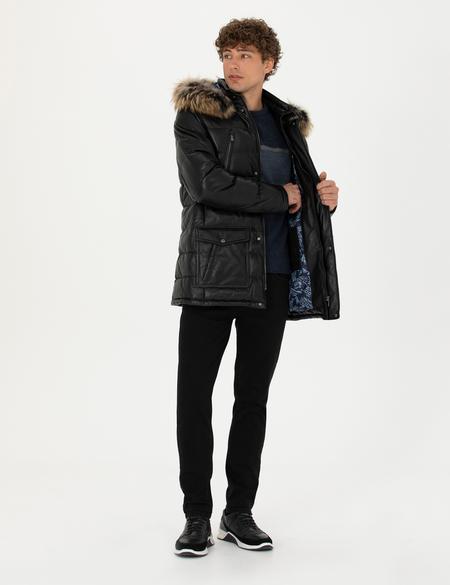 Siyah Kapüşonlu %100 Deri Mont - 50284248001