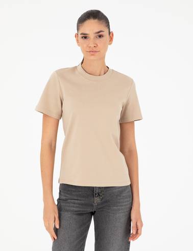 Bej Slim Fit Bisiklet Yaka Basic Tişört