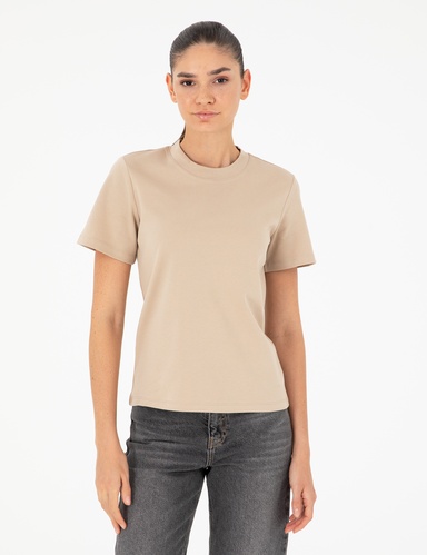 Bej Slim Fit Bisiklet Yaka Basic Tişört