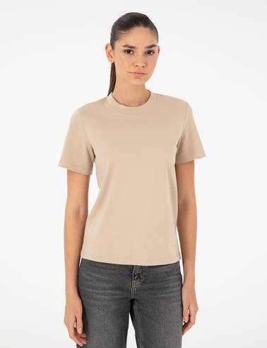 Bej Slim Fit Bisiklet Yaka Basic Tişört