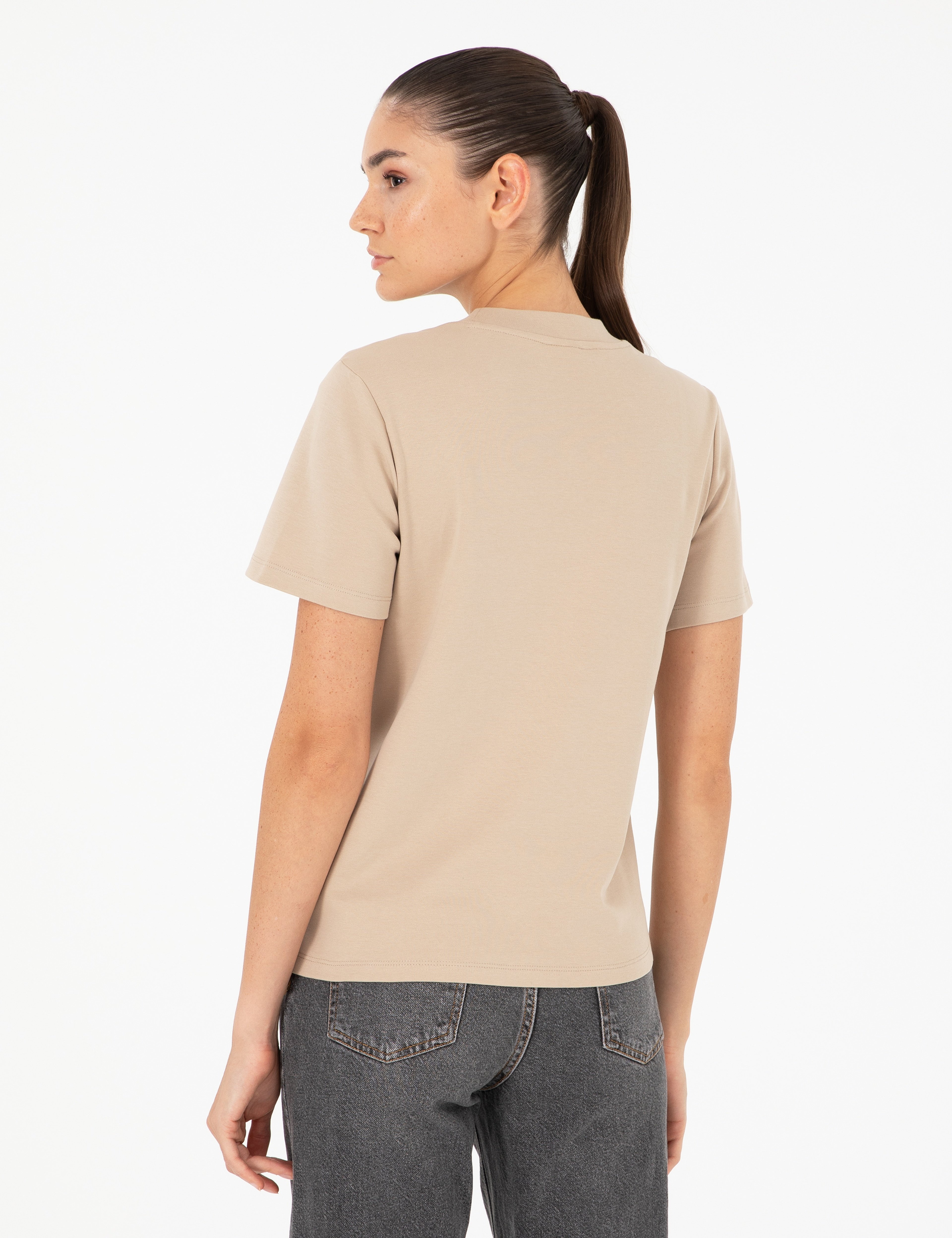 Bej Slim Fit Bisiklet Yaka Basic Tişört