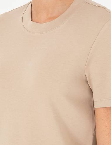 Bej Slim Fit Bisiklet Yaka Basic Tişört