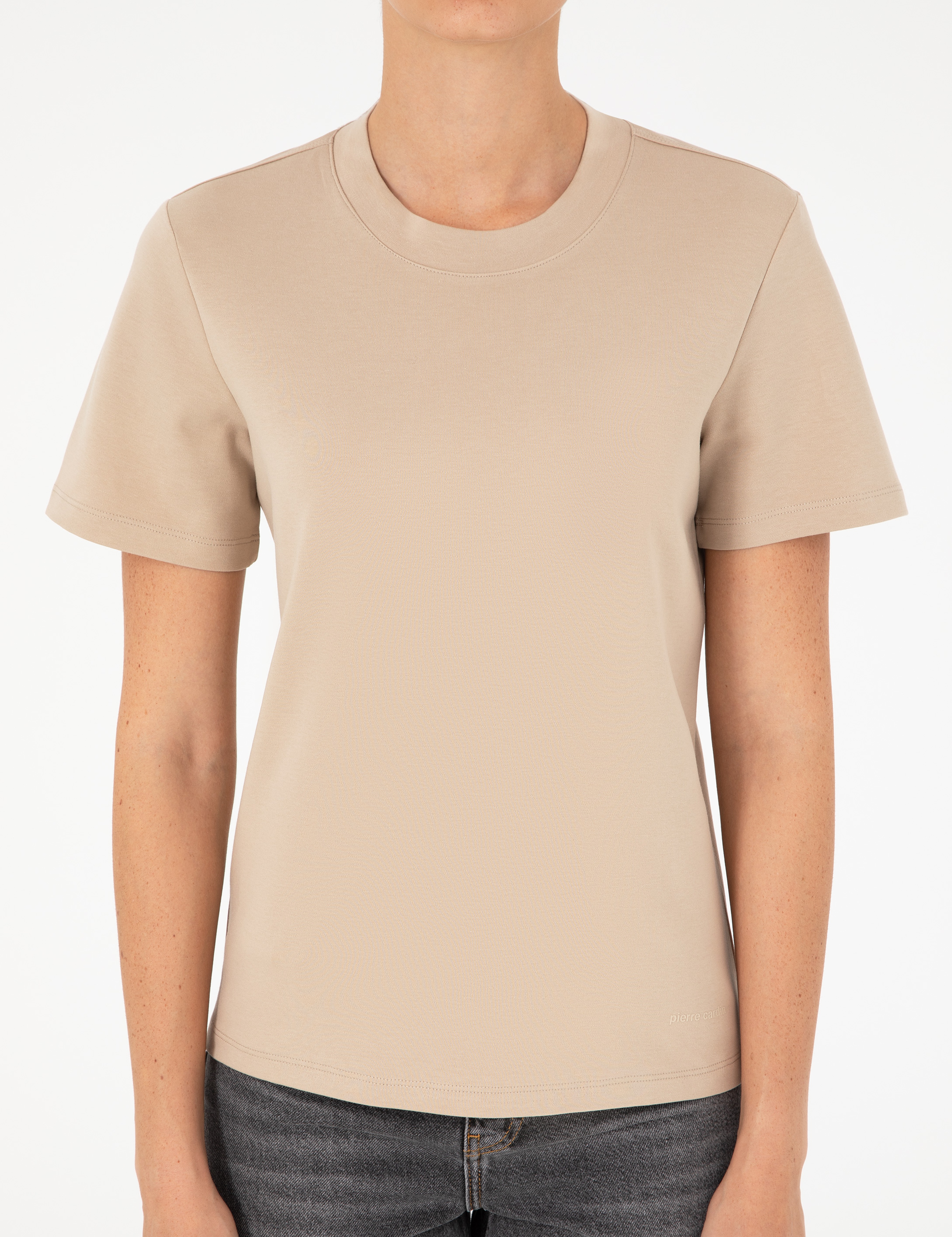 Bej Slim Fit Bisiklet Yaka Basic Tişört - Image 6
