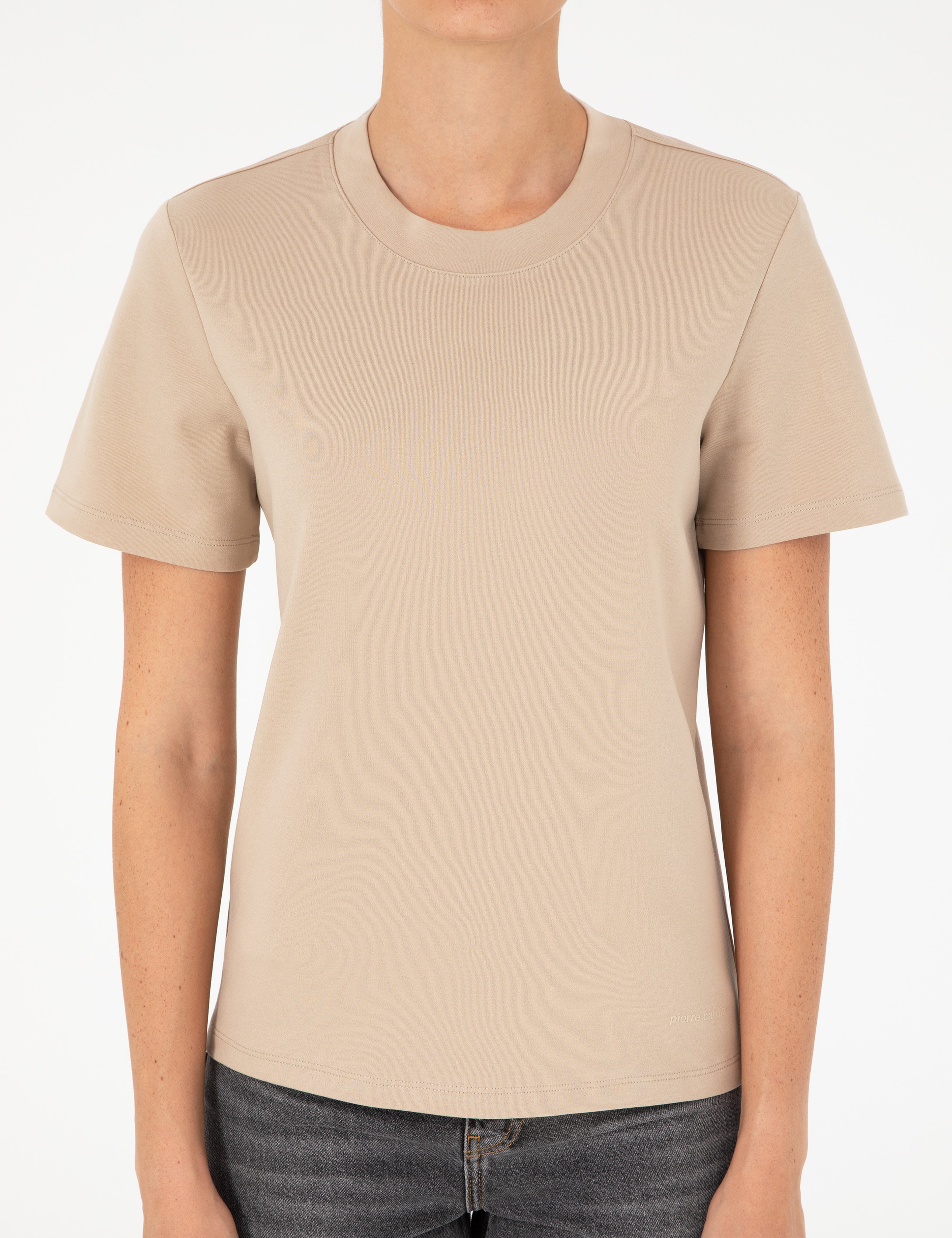 Bej Slim Fit Bisiklet Yaka Basic Tişört