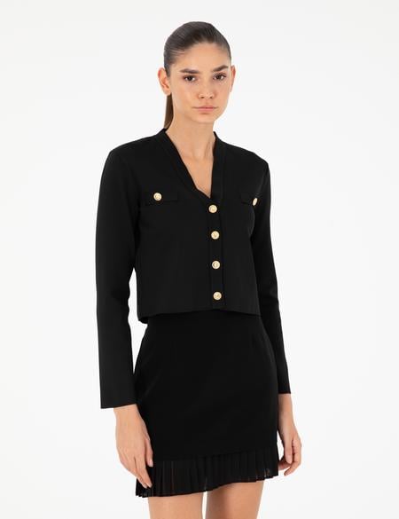 Siyah Crop Top Triko Hırka - 50290557007