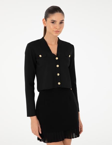 Siyah Crop Top Triko Hırka - 50290557007