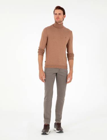 Camel Melanj Slim Fit Balıkçı Yaka Basic Triko Kazak