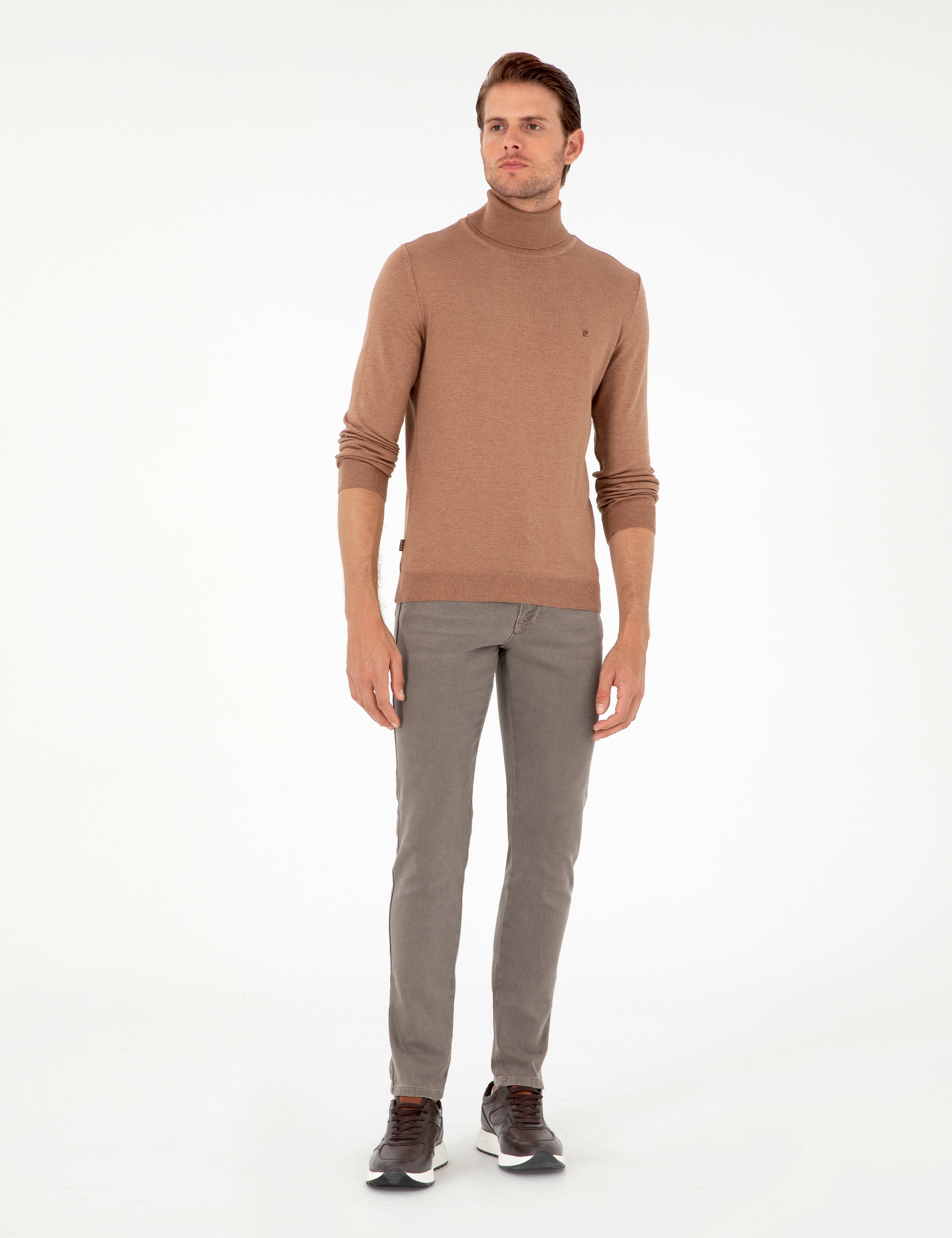 Camel Melanj Slim Fit Balıkçı Yaka Basic Triko Kazak