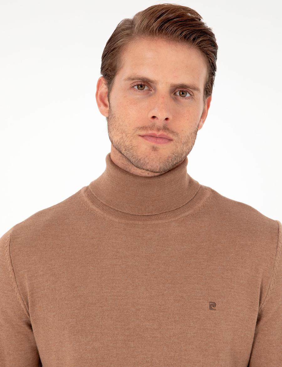 Camel Melanj Slim Fit Balıkçı Yaka Basic Triko Kazak