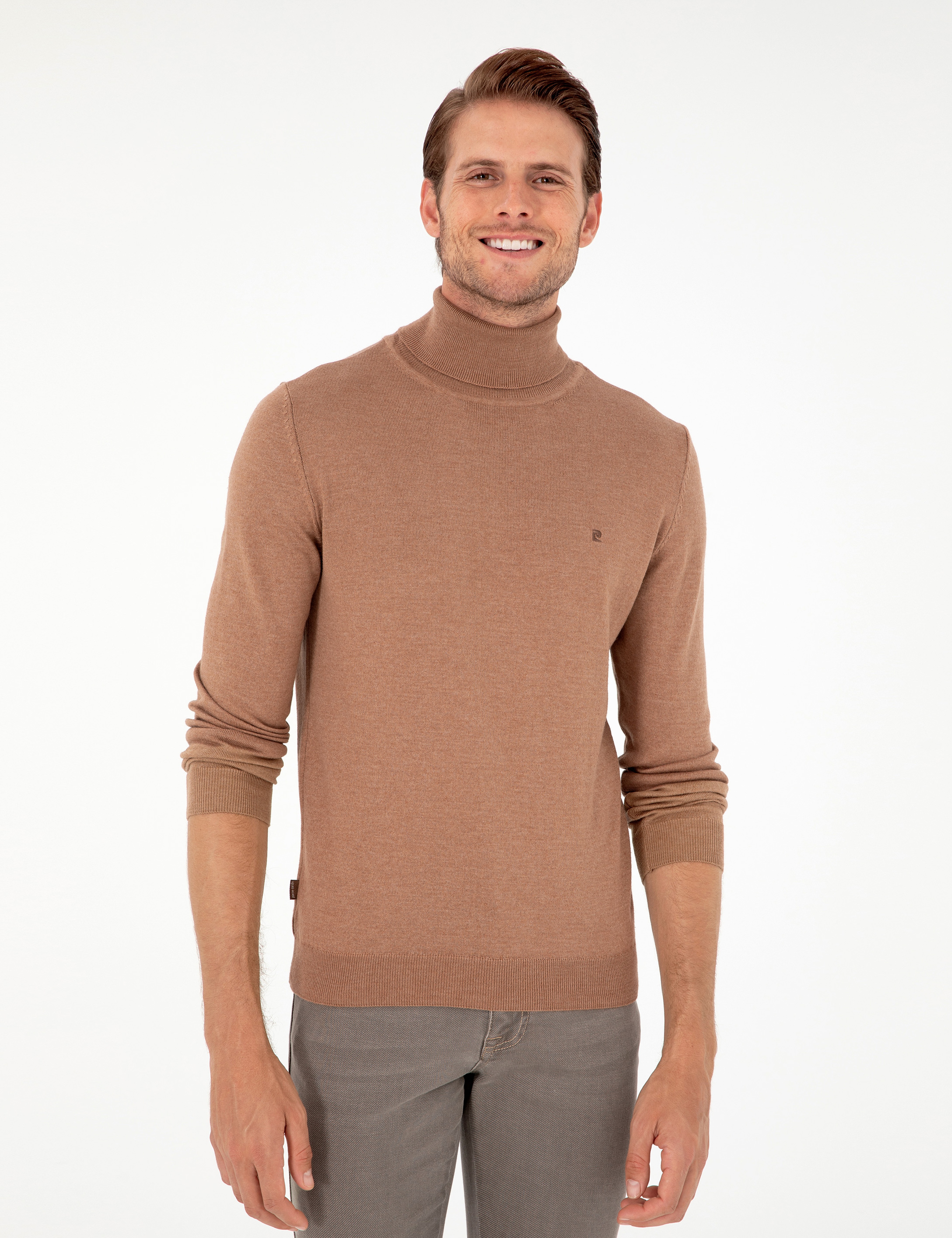 Camel Melanj Slim Fit Balıkçı Yaka Basic Triko Kazak - Image 3