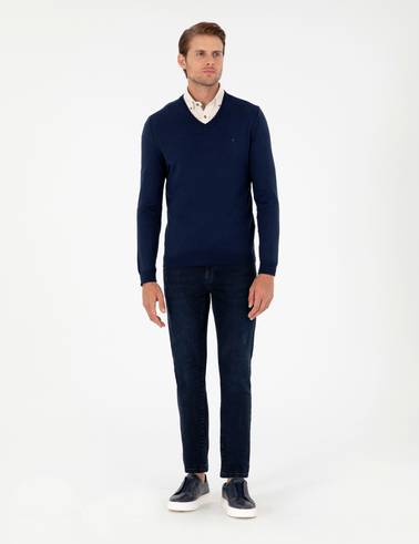 Açık Lacivert Slim Fit V Yaka Basic Triko Kazak