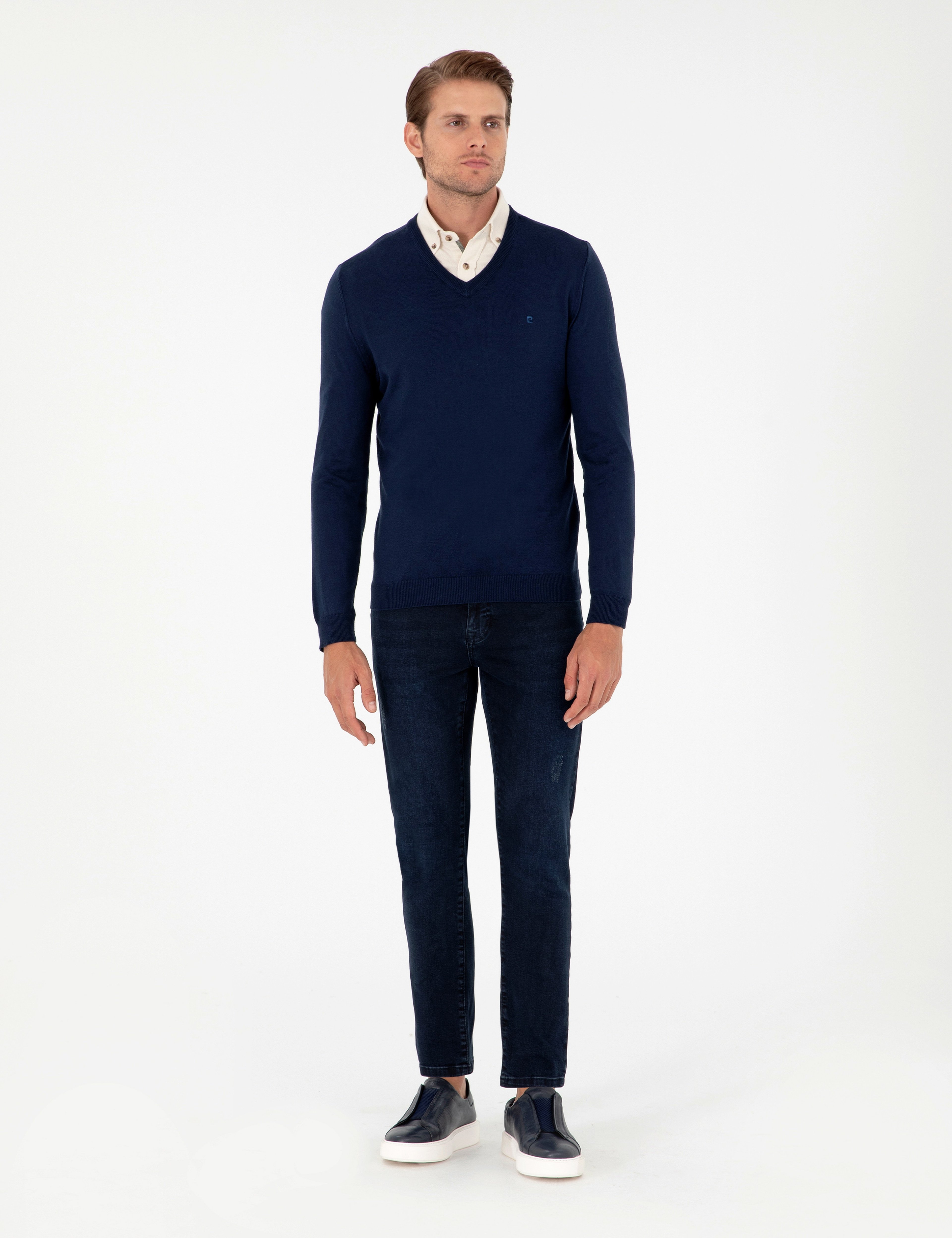 Açık Lacivert Slim Fit V Yaka Basic Triko Kazak