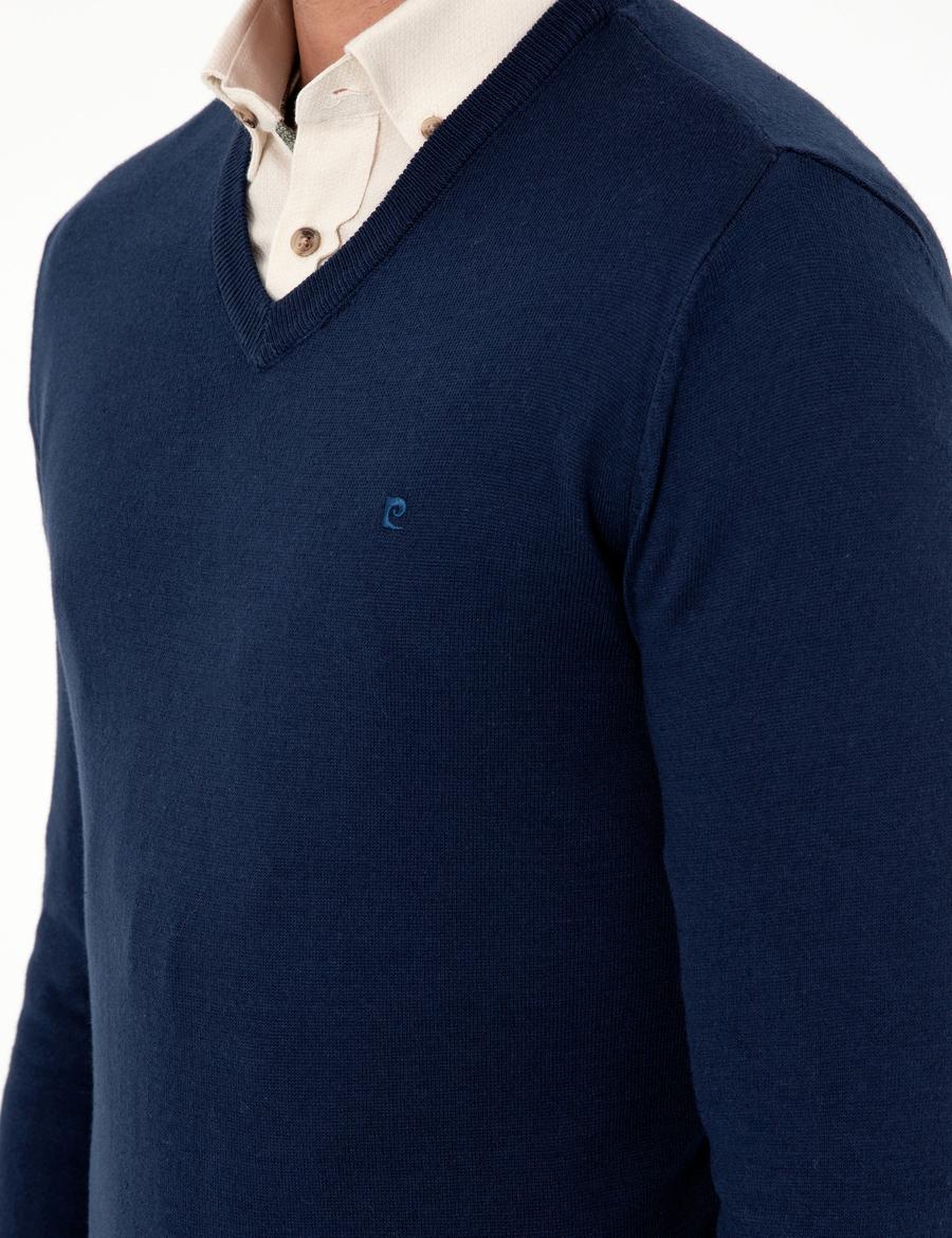 Açık Lacivert Slim Fit V Yaka Basic Triko Kazak